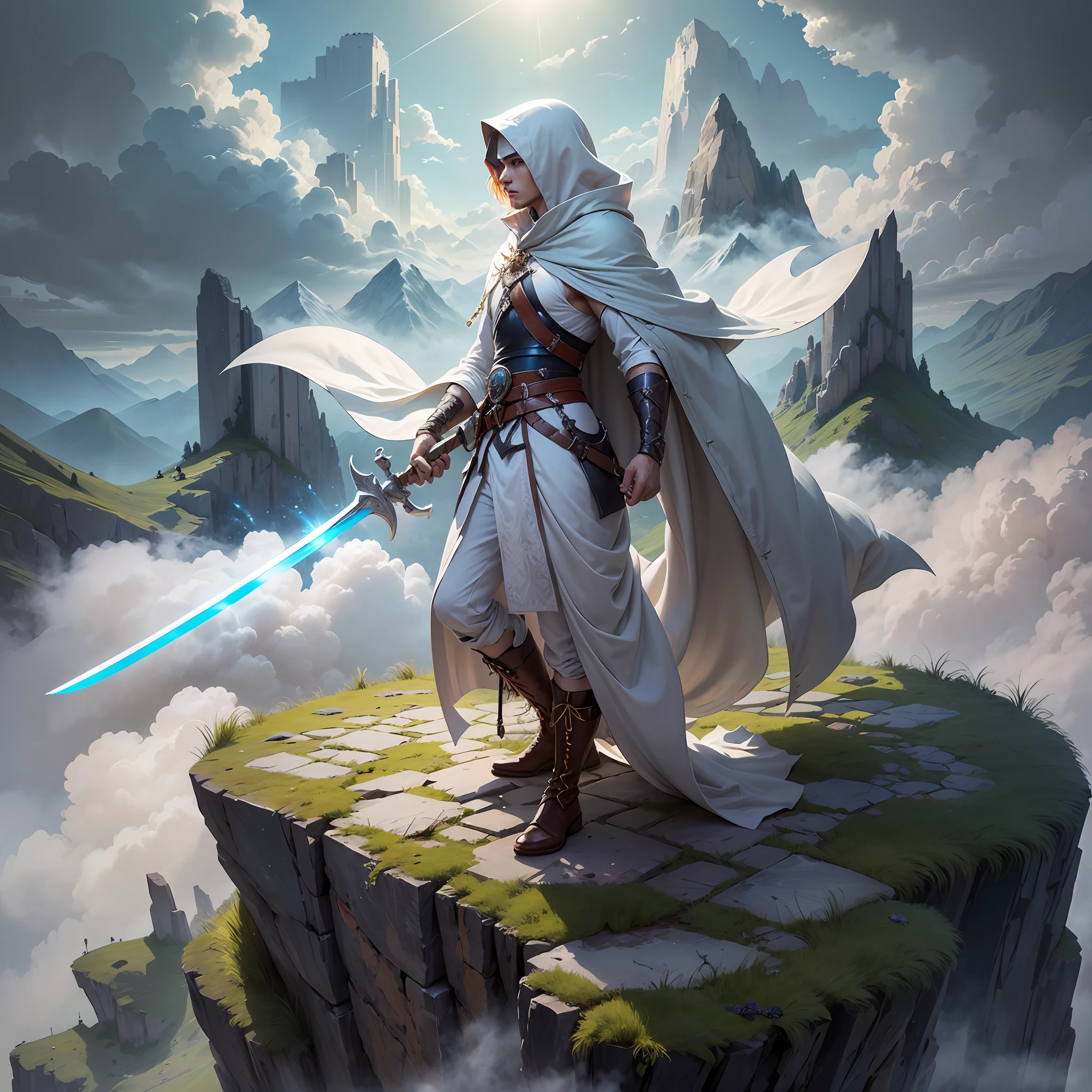 In the mountains, a cloaked male sword fairy flying in the sky with flying swords, overlooking the earth, seems to be looking for something, classical fairy, male, wingless, oriental male, gray robe, holding a sword in both hands, robe covering the entire body, boots