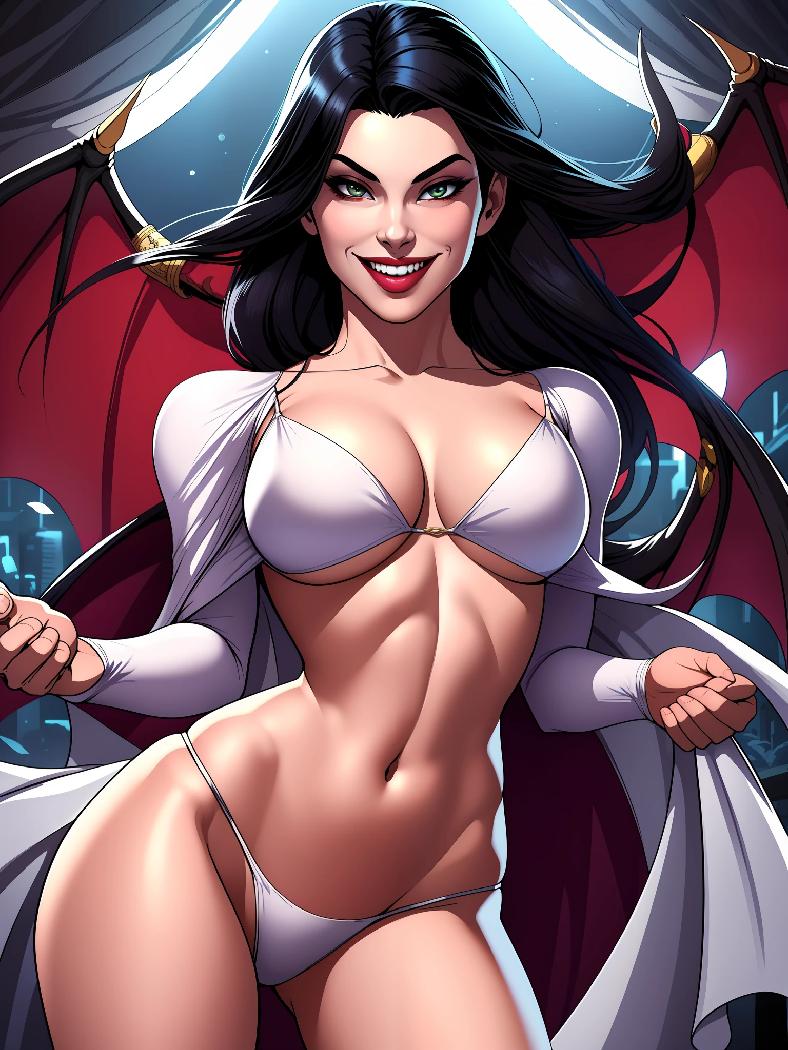 Zatana, 2girl, standing, closeup, white cape, perfect face, underboob, thong, navel, sensual smile, sexy,, surrounded by gifted and strong vampires with sexy smile, naked, grabbing the central character.