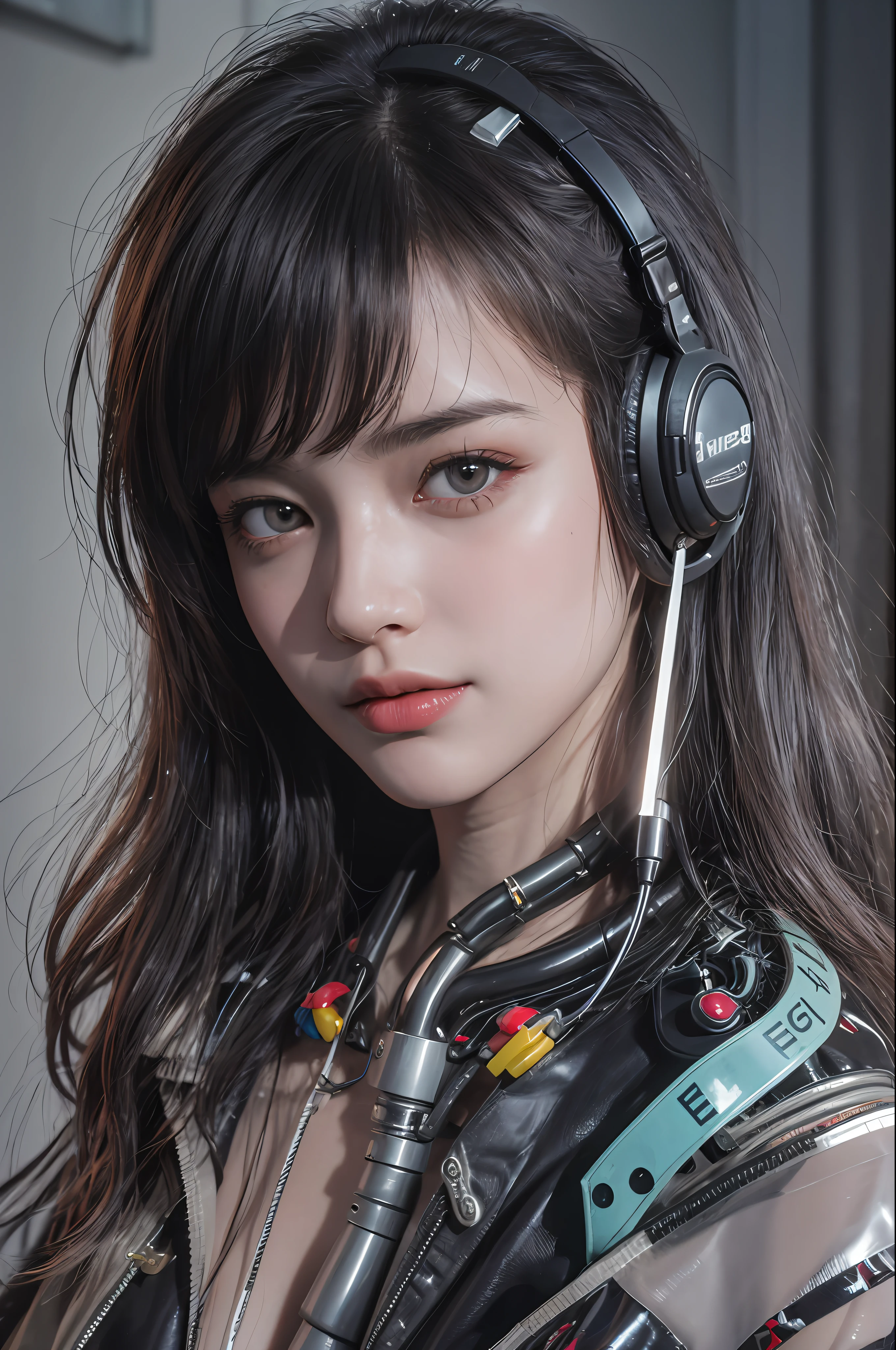 Top Quality, Masterpiece, Ultra High Resolution, (Photorealistic: 1.4), Raw Photo, 1 Girl, Black Hair, Glossy Skin, 1 Mechanical Girl, (Ultra Realistic Detail)), Portrait, Global Illumination, Shadows, Octane Rendering, 8K, Ultra Sharp, Big, Cleavage Exposed Raw Skin, Metal, Intricate Ornament Details, Headset, Hydraulic cylinder, very intricate details, realistic light, CGSoation trend, purple eyes, glowing eyes, facing the camera, neon details, mechanical limbs, blood vessels connected to the tube, mechanical vertebrae attached to the back, mechanical cervical attachment to the neck, sitting, wires and cables connecting to the head, evangelion, cyberpunk, small LED lamp,