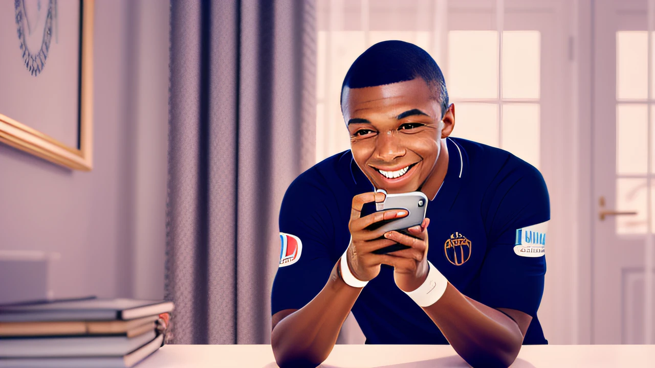 Kylian Mbappe, happy, looking at his phone --auto --s2