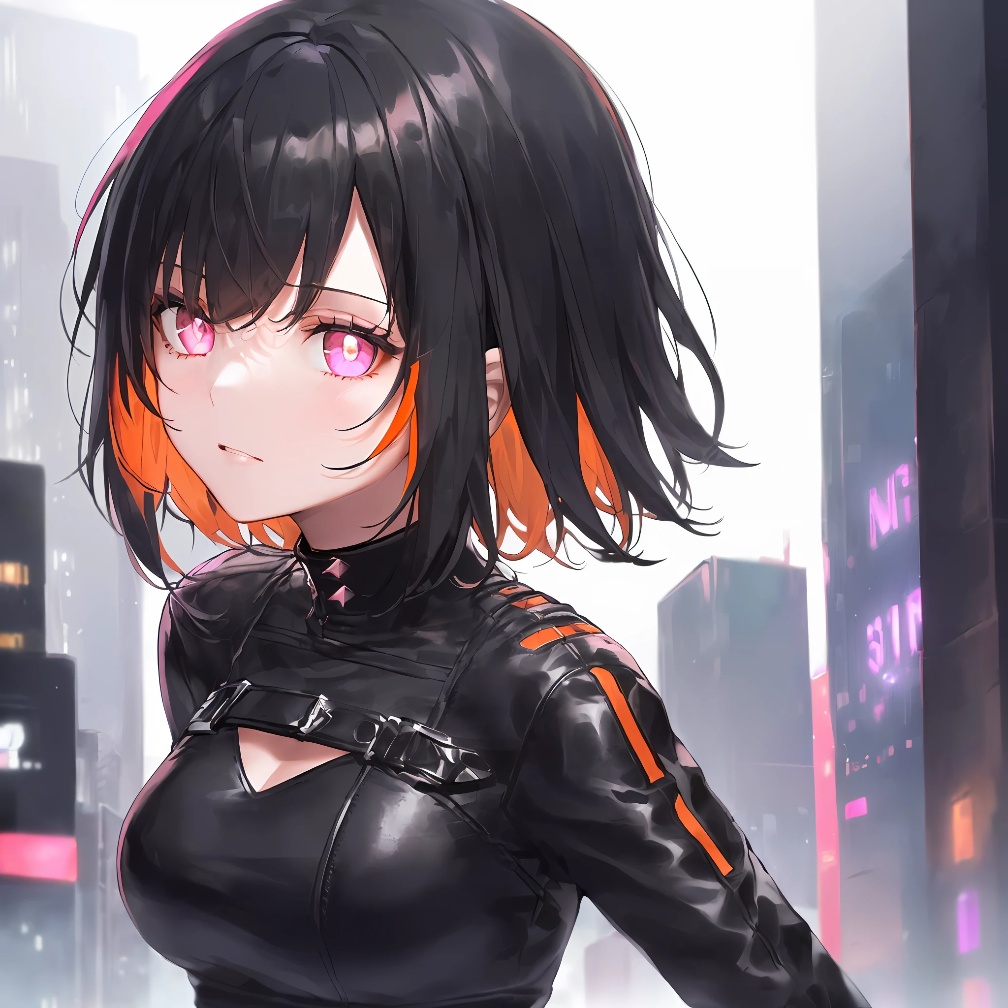 (masterpiece, best quality), ((1girl, (mature)), (black hair, short hair, hair with bangs, hair with orange stirs, beautiful hair), (pink eyes, beautiful eyes, eye highlights, sharp eyes)), (simpler background, dark background, city background), (highres, chromatic freak), cyberpunk outfit, black leather blouse with orange details, night, neon light, cyberpunk