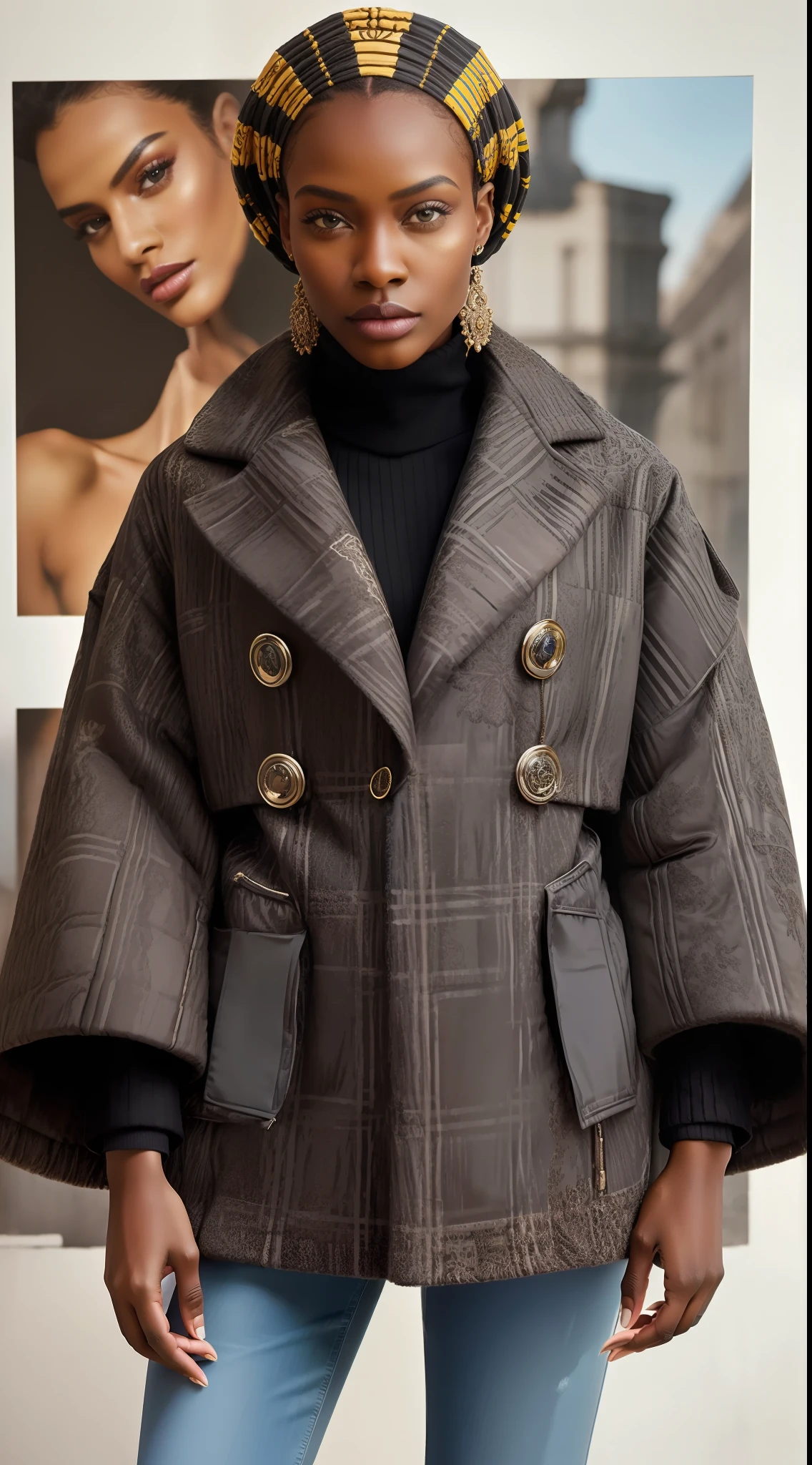 a black model with African facial features posing elegant for digital magazine cover editorial photo, wearing winter clothes, ultra modern wool overcoat, intense vivid colors, detailed, haute couture, ultra detailed finishes, cute look, intricate details, magazine cover editorial style photo, high fashion, apply editorial environment, masterpiece, highest quality, ultra detailed, high definition,