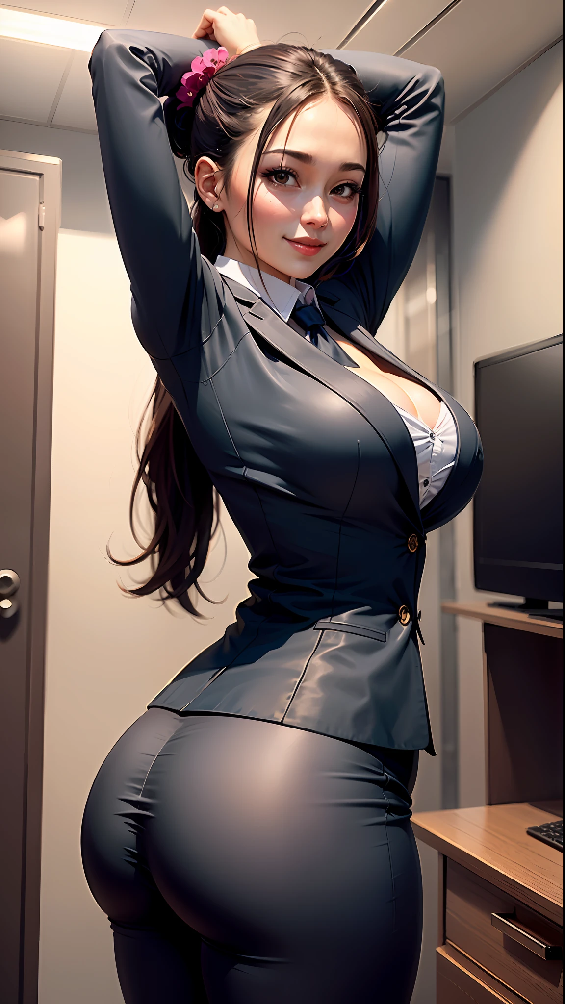 (Best quality, 8k, 32k, Masterpiece, UHD:1.2), 1girl, beautiful Japanese woman,long hair,ponytail, wide hips,gigantic breasts, gray suit,office lady, suit, pants, front, office room, desk, (stretches buttocks:1.2), detailed face, looking at viewer,smiling
