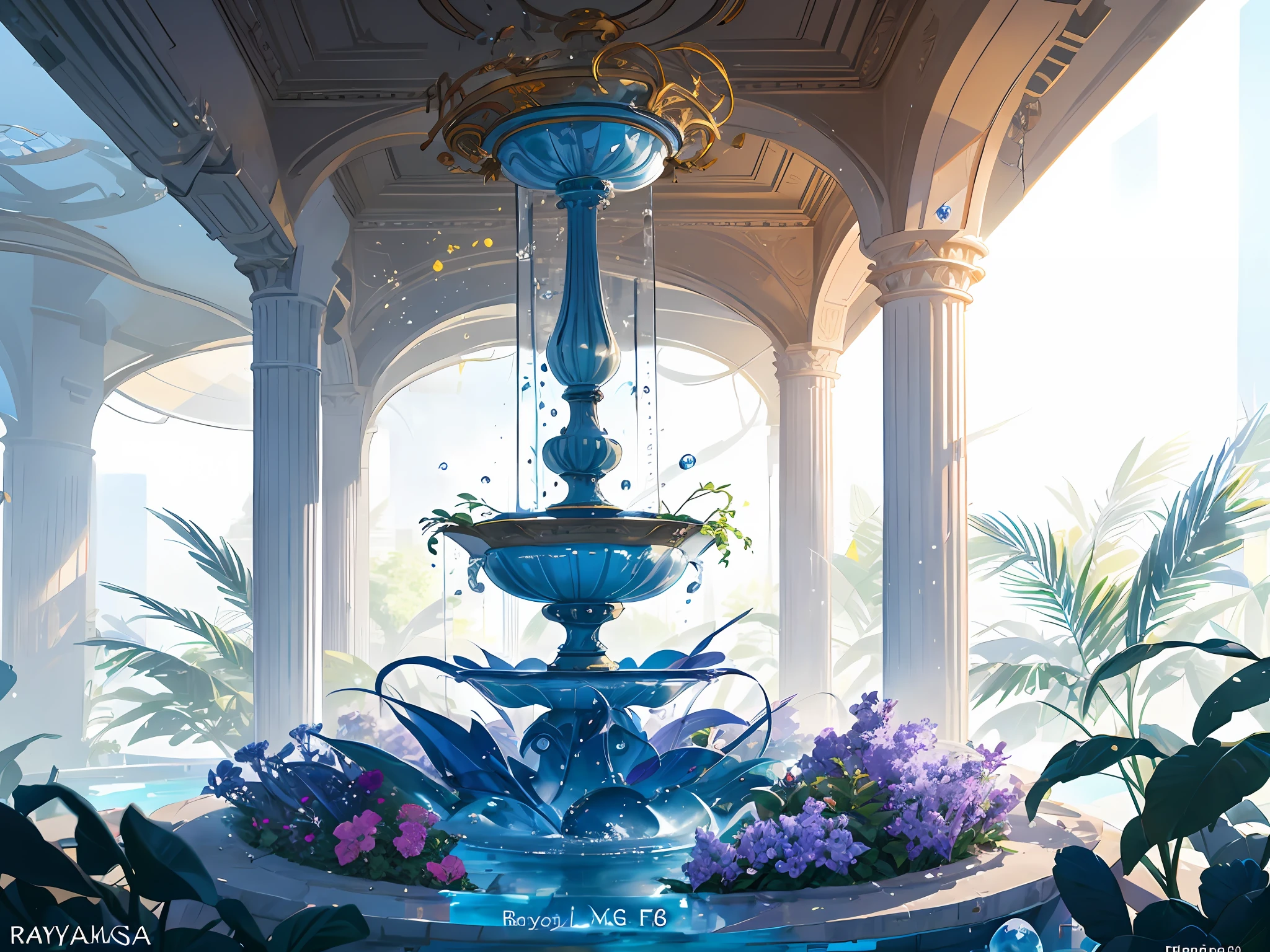 Wallpaper, fantasy hanging garden, blue sky, floating sea of flowers, colorful flowers. Crystal Fountain, HD Detail, Wet Watermark, Ultra Detail, Cinematic, Hyper Realism, Soft Light, Deep Field Focus Bokeh, Ray Tracing, Diffuse (extra fine glass reflections) and Hyper Realism. --v6