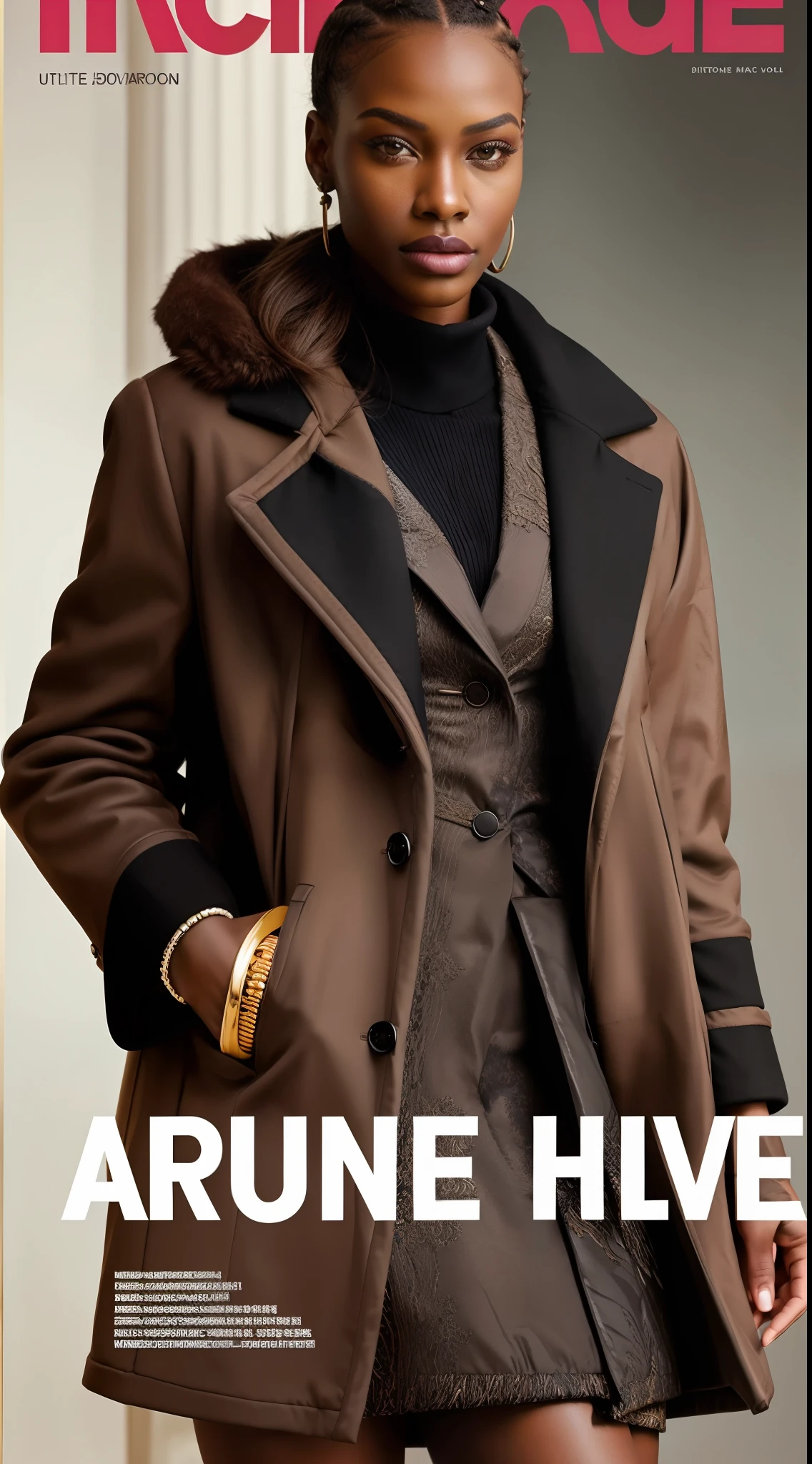 a black model with African facial features posing elegant for digital magazine cover editorial photo, wearing winter clothes, ultra modern wool overcoat, intense vivid colors, detailed, haute couture, ultra detailed finishes, cute look, intricate details, magazine cover editorial style photo, high fashion, apply editorial environment, masterpiece, highest quality, ultra detailed, high definition,