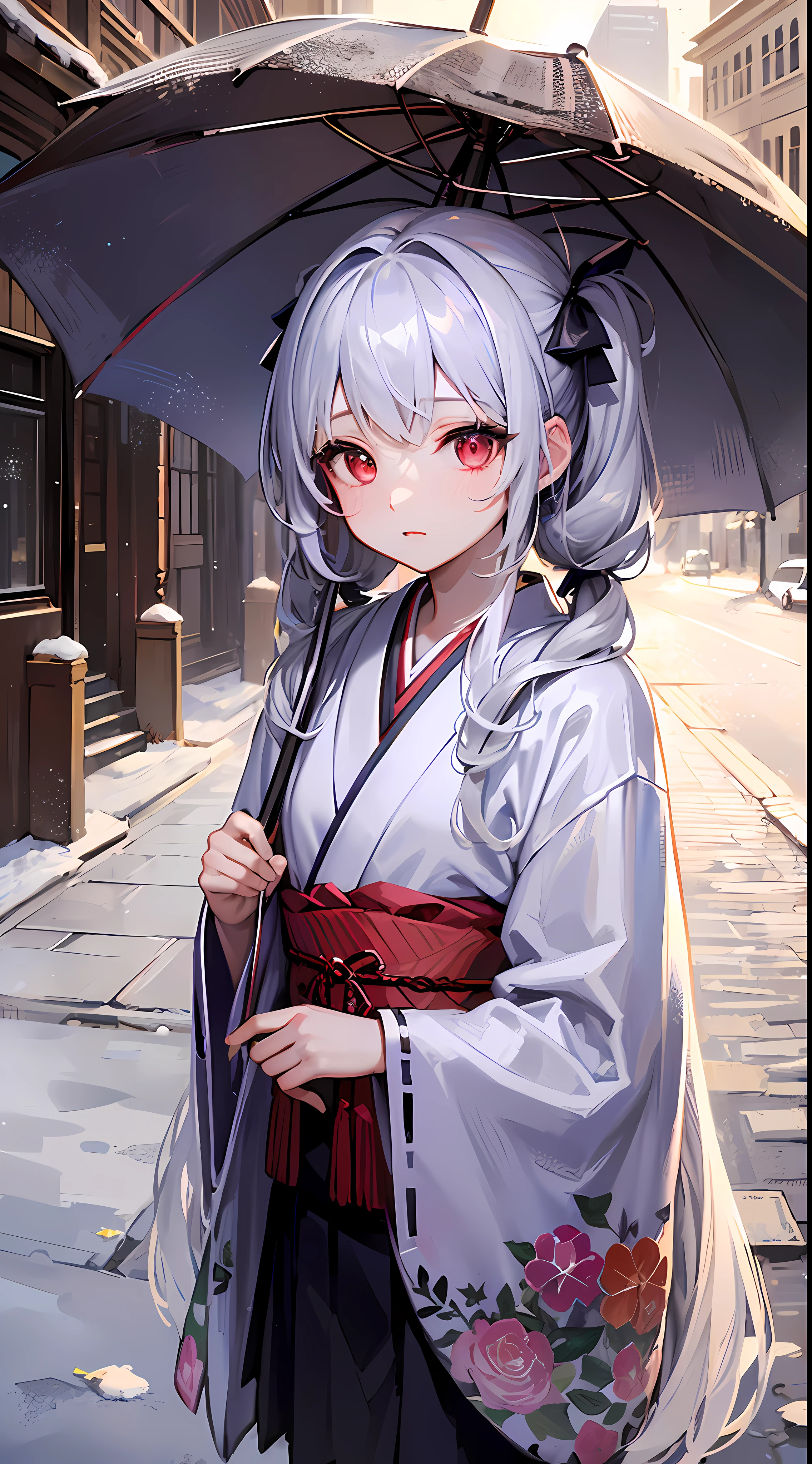 ((masterpiece)), (((best quality))), ((ultra-detailed)), ((illustration)), ((disheveled hair)),((solo)),on the street,snow,snowdrop,
1girl,li,long hair,((twintail)),red eyes,silver hair,shiny skin,(small chest),hold umbrella,
Kimono girl outfit,
Night,((detalied glow))