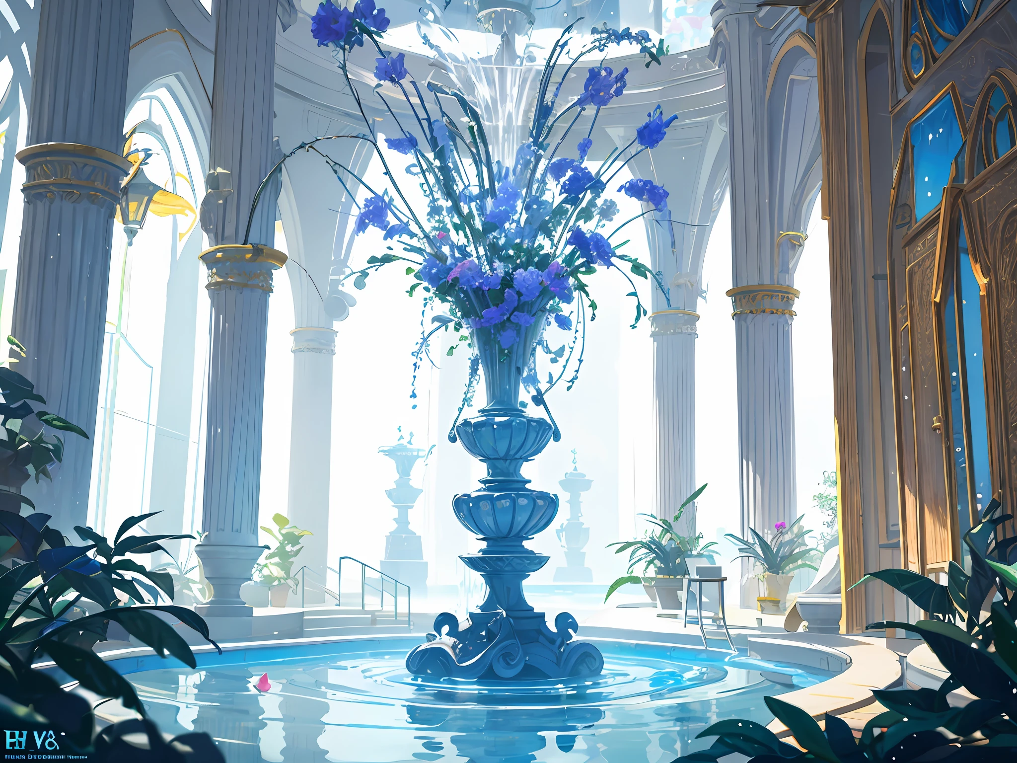 Wallpaper, fantasy hanging garden, blue sky, floating sea of flowers, colorful flowers. Crystal Fountain, HD Detail, Wet Watermark, Ultra Detail, Cinematic, Hyper Realism, Soft Light, Deep Field Focus Bokeh, Ray Tracing, Diffuse (extra fine glass reflections) and Hyper Realism. --v6