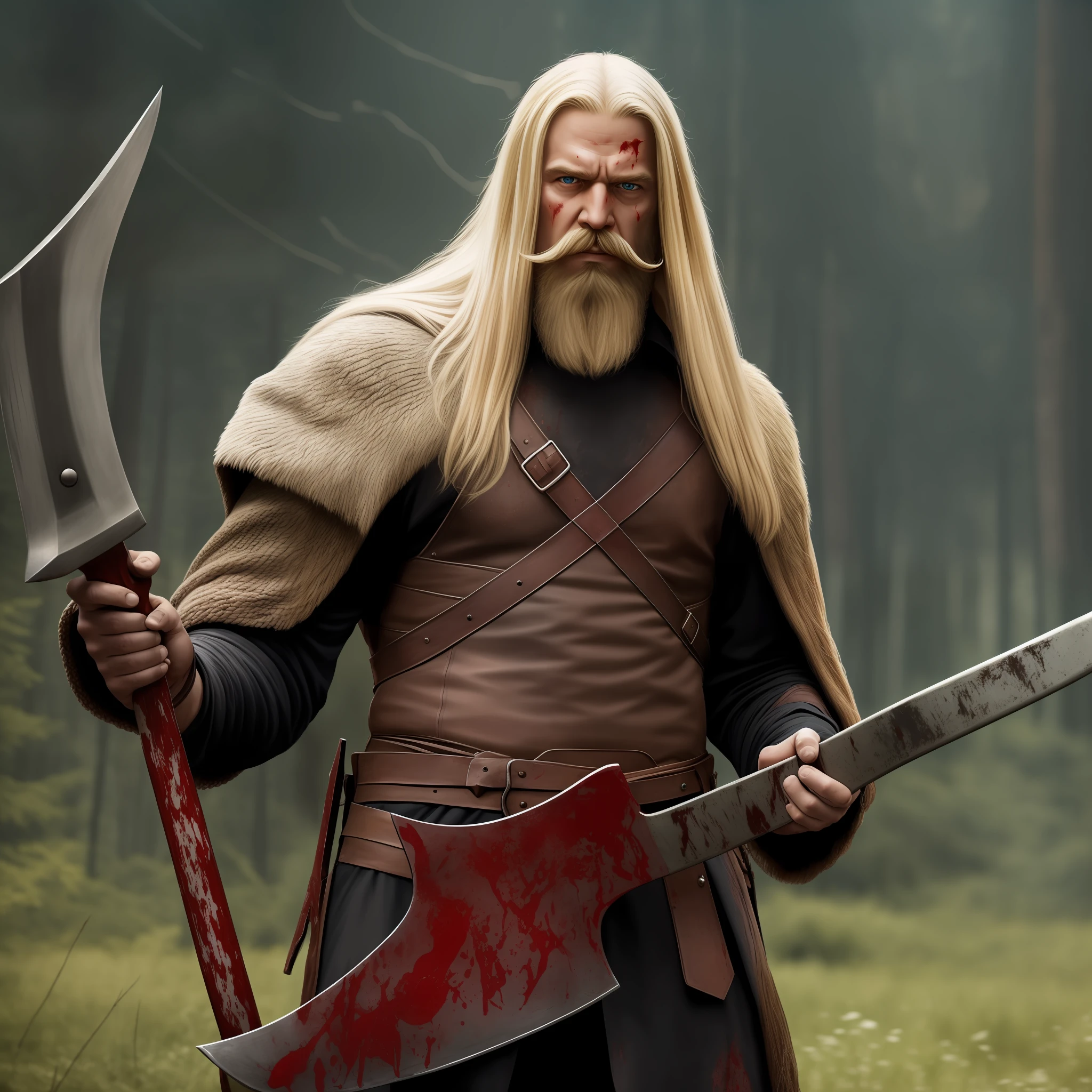 A long blonde hair and bearded mad berserker holding a war axe and covered in blood