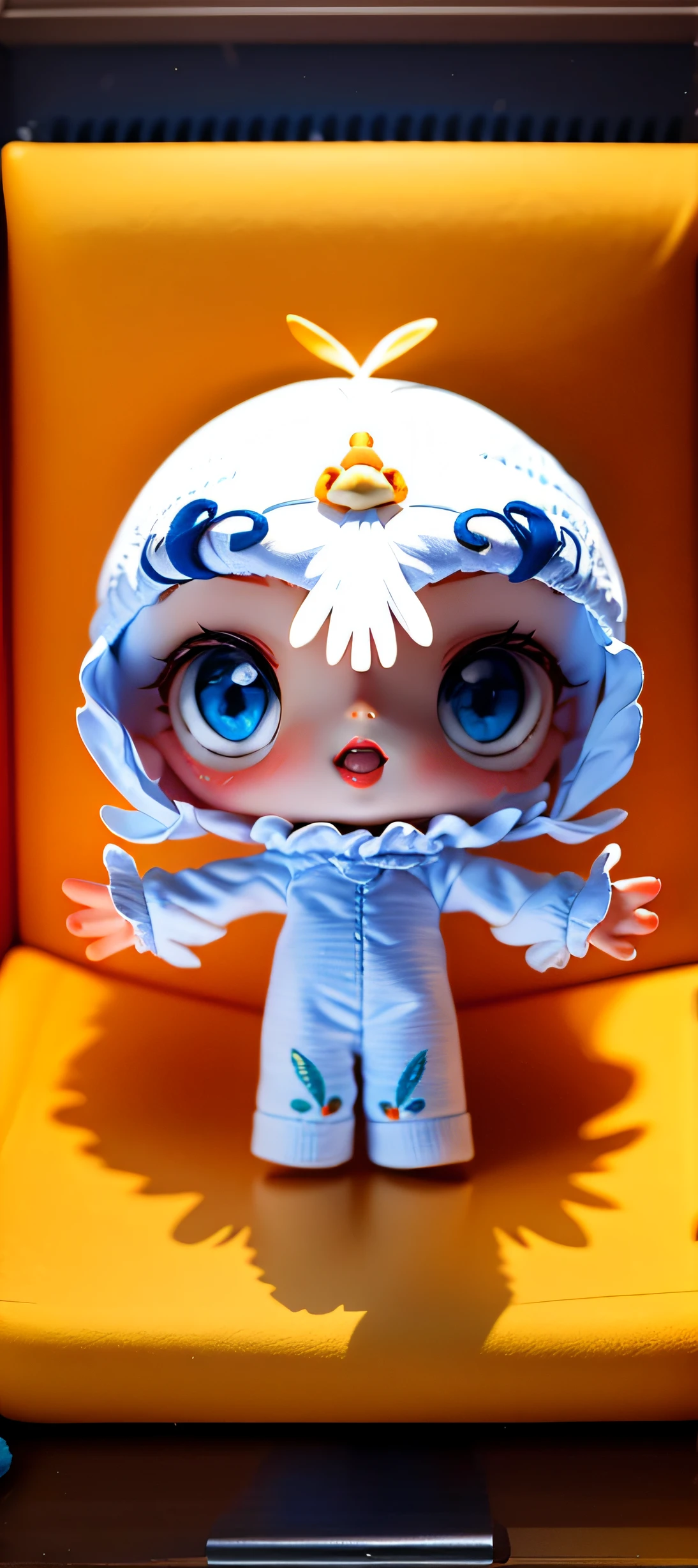 Cute big eyes doll in white feather dress with a bird's yellow mouth, open hands, hugs, white feathers on the arms, white clothes, big blue eyes, feathers on both sides of the cheeks, white hat with a bird on the hat