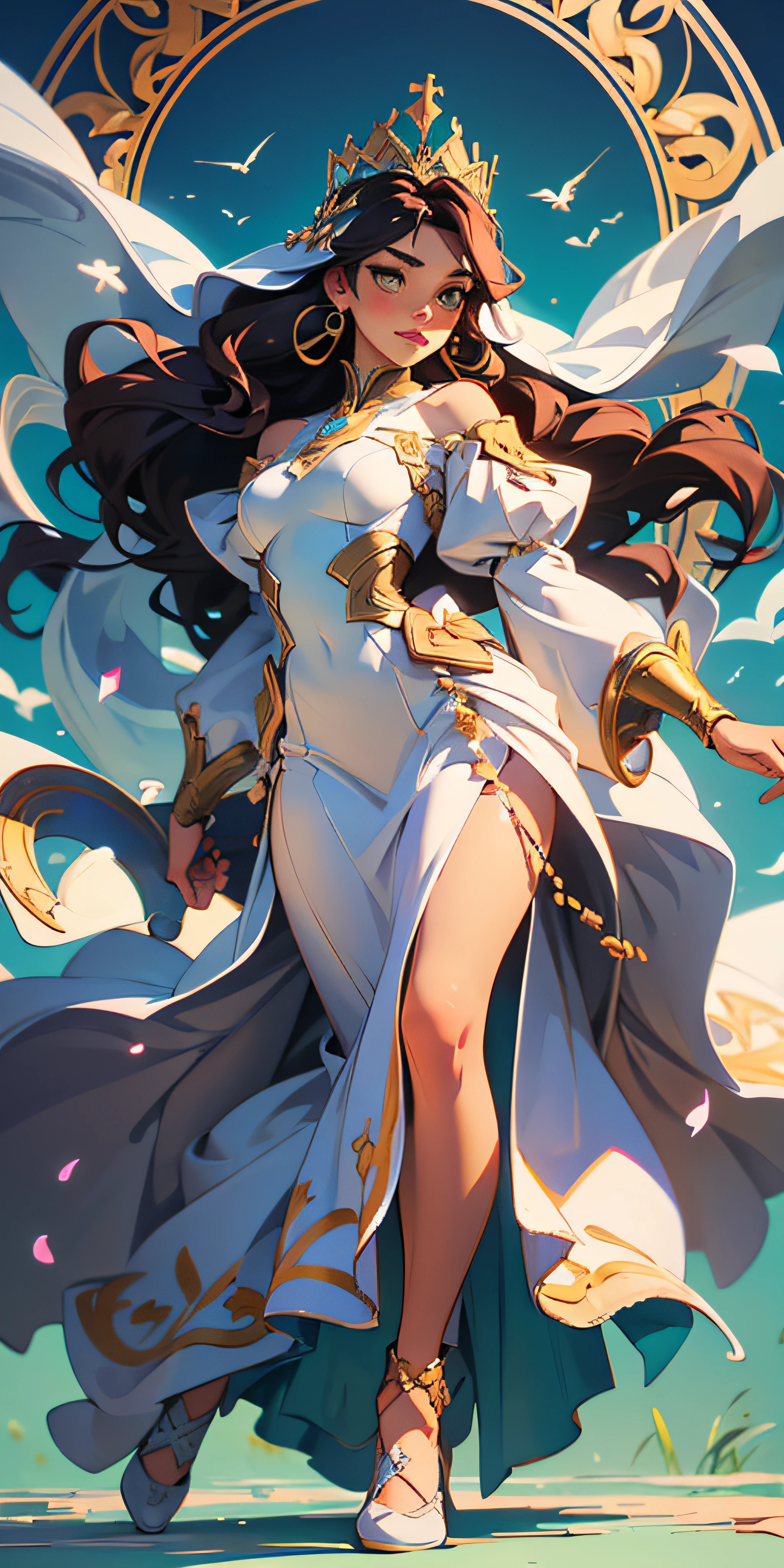 digital painting, artstation, concept art, smooth, sharp focus, illustration, art by Artgerm and Greg Rutkowski and Alphonse Mucha and William - Adolphe Bouguereau iGril in a blue robe and crown, queen of heaven, virgin Mary, majestic holy woman, large wavy hair yellowish brown, freckles, looking at the floor, straight front pose, long dress covering her slightly open legs,  Full body, with cloth covering the hair and large crown, dressed with edges in golden arabesques, white veil, with both arms extended to the floor, power of light coming out of both hands, a long white robe white dress. Below her at her feet is a dead snake, also a circular and pointed yellowish object under one of her feet background with white clouds, a clear blue morning sky, as if she were in the sky stepping on a blue-green ball