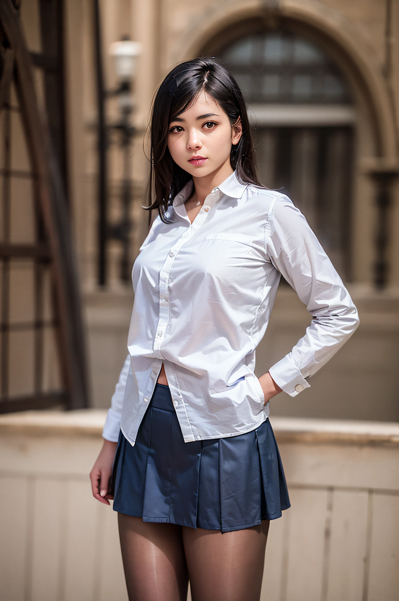 1girl, (8k, RAW photo, best quality, masterpiece:1.2), (realistic, photo-realistic:1.37), solo,ultra-detailed,pantyhose, long shot, beautiful background,,shirt,skirt, .