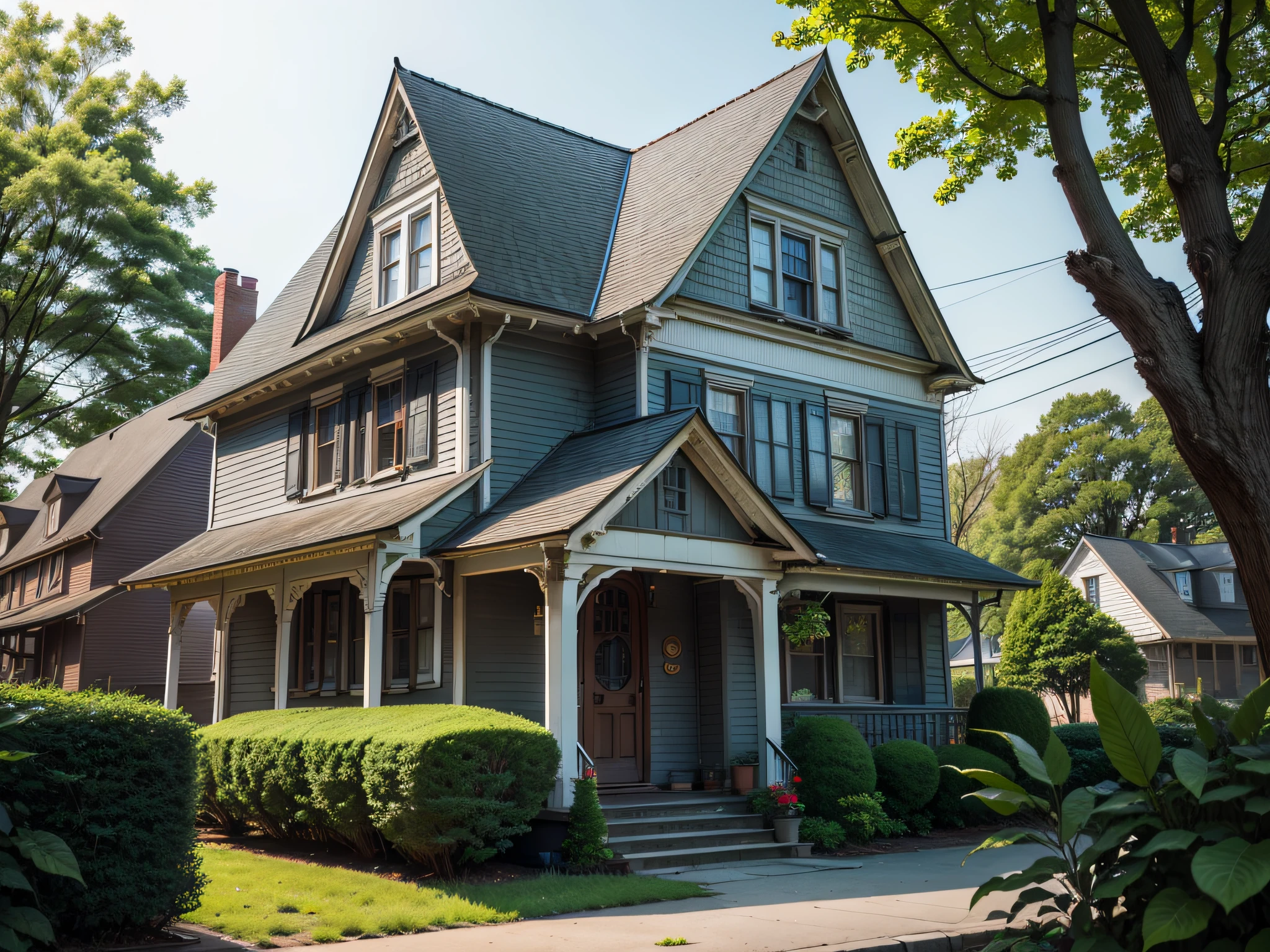 leica_style, ultrarealistic, city location, old house, Amityville style, horror, greenery, highly detailed, extremely sharp focus, closeup, bokeh background