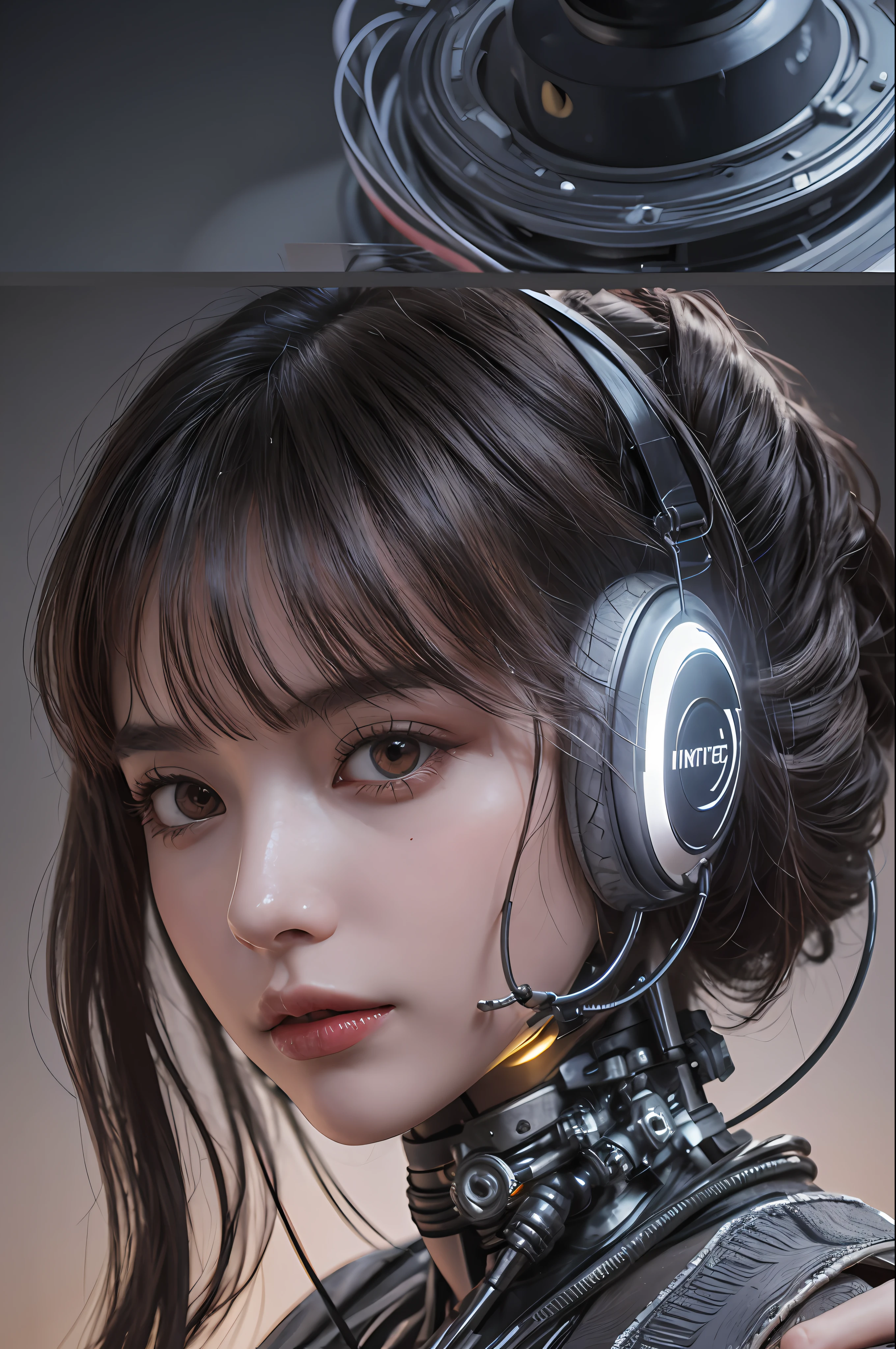 Top Quality, Masterpiece, Ultra High Resolution, (Photorealistic: 1.4), Raw Photo, 1 Girl, Black Hair, Glossy Skin, 1 Mechanical Girl, (Ultra Realistic Detail)), Portrait, Global Illumination, Shadows, Octane Rendering, 8K, Ultra Sharp, Big, Cleavage Exposed Raw Skin, Metal, Intricate Ornament Details, Headset, Hydraulic cylinder, very intricate details, realistic light, CGSoation trend, purple eyes, glowing eyes, facing the camera, neon details, mechanical limbs, blood vessels connected to the tube, mechanical vertebrae attached to the back, mechanical cervical attachment to the neck, sitting, wires and cables connecting to the head, evangelion, cyberpunk, small LED lamp,
