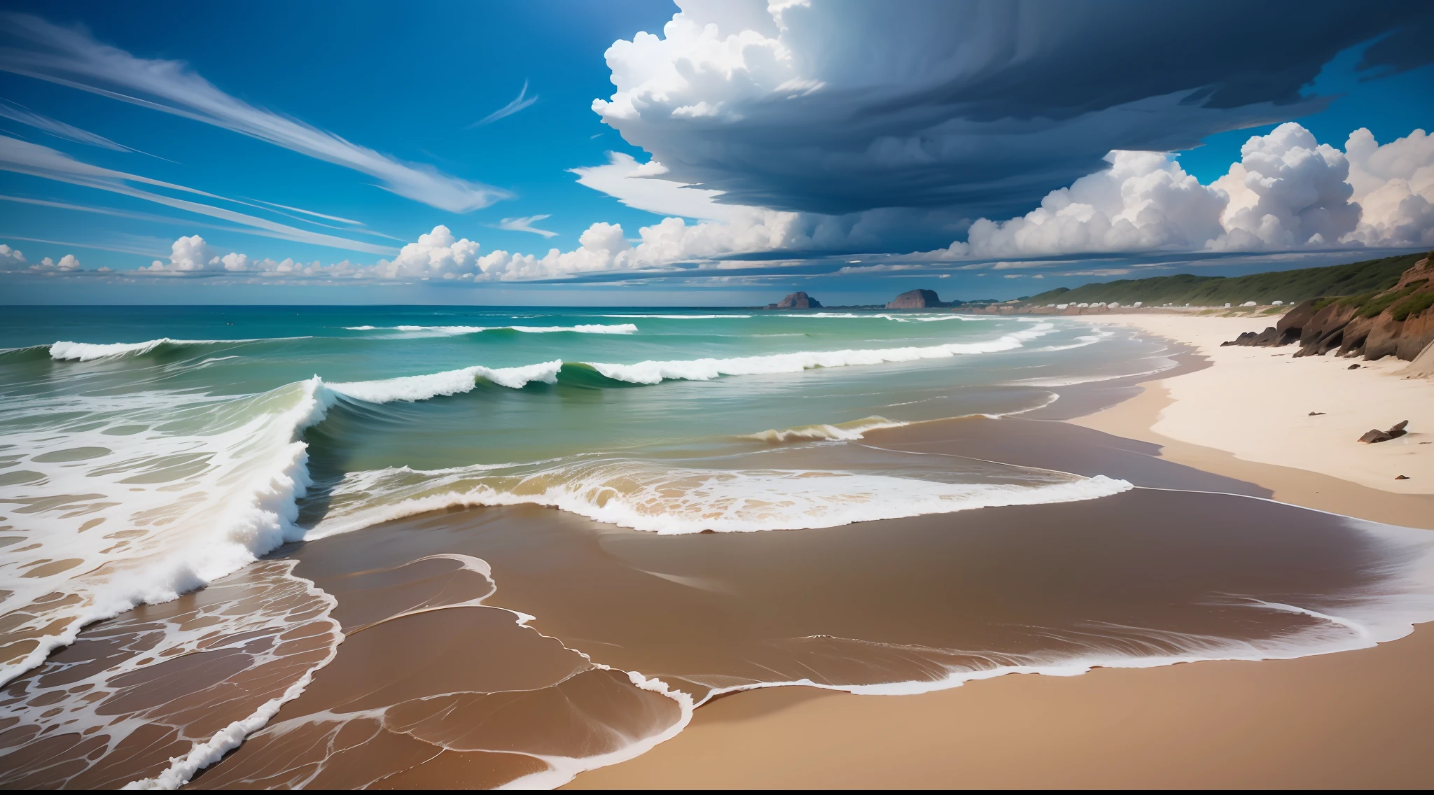 long-distance professional scenic otography of {praia deserta} , ponto de vista perfeito, altamente detalhado, lente grande angular, hiper realista, with dramatic sky, filtro polarizador, daylighting, cores vivas, sol brilhante, all in sharp focus, HDR, UHD, 16K