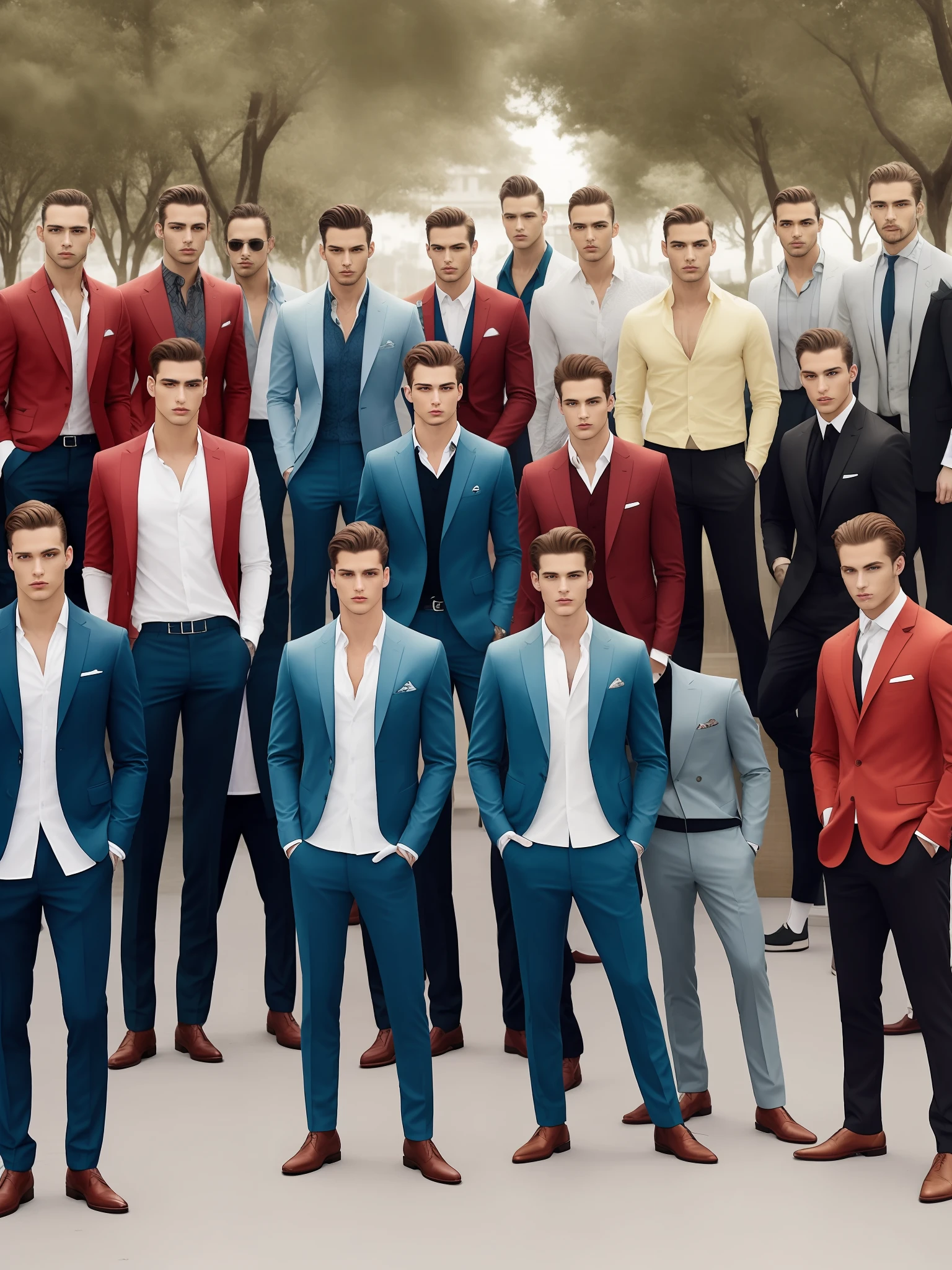 20 homens, vestidos de branco, in an atmosphere of nostalgic climate, inside a square