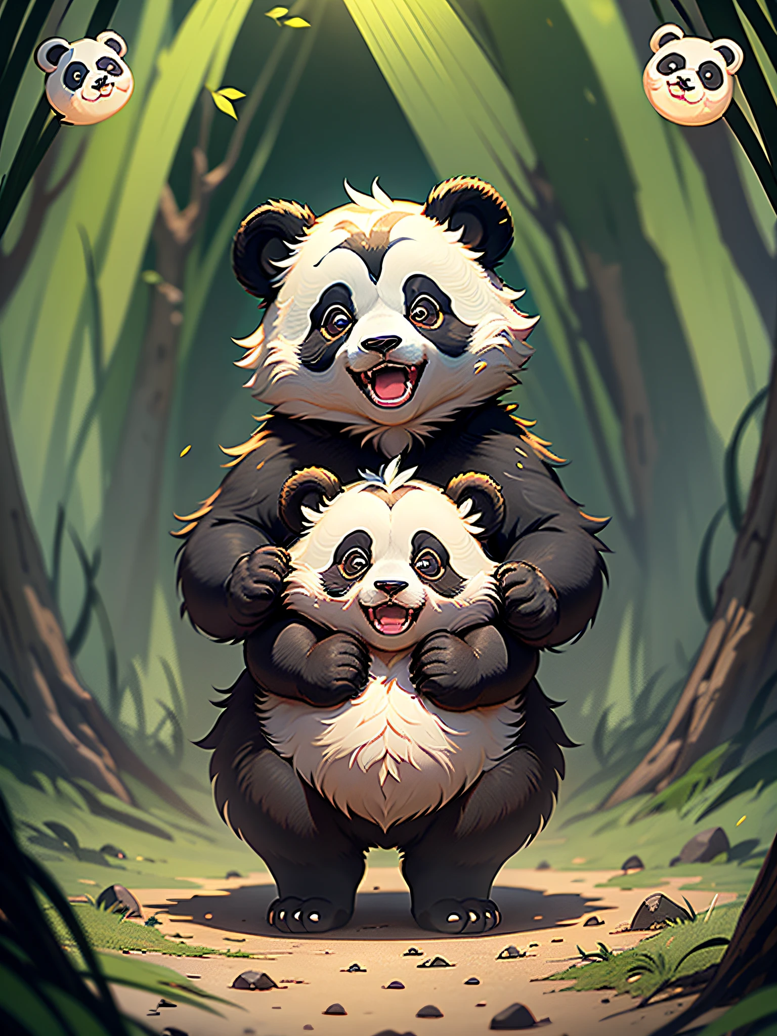 Cute and lively panda，Holding the bear cub，big round eyes，(full body:1.2)，happy，thrilled，different emoji，Trends on Artstation, ornate, Ultra-Wide Angle, 8k, hdt