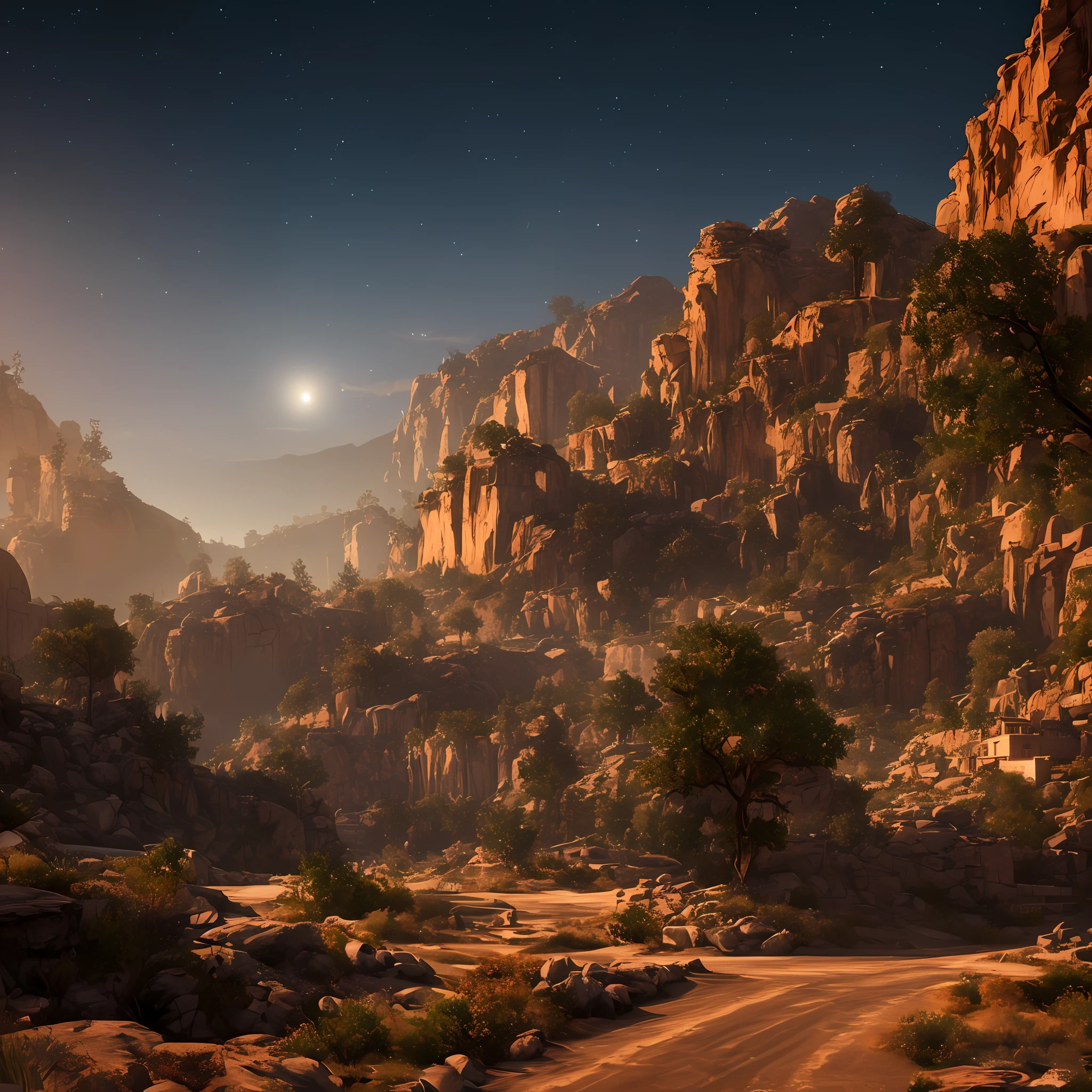 A dark pre-dawn desert sky above an empty mountain, no stars, no water, no road, dark and melancholy, digital art style, 8k, high resolution and cinematic photography --v 5 --upbeta --Reflections of the screen space --Diffraction Grading --Chromatic Aberration --Ambient Occlusion --Anti-aliasing --Post Processing --Cell Shading --Insanely detailed and intricate --elegant --photography --volumetric lighting --ultra -detailed --intricate details --environment – uplight --auto
