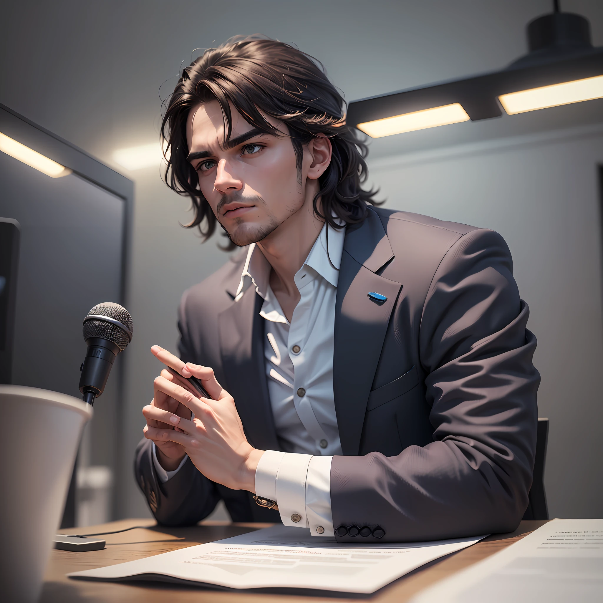 1 man,male_focus,Pitch Meeting, um jornalista sentado de frente para sua escravania e seu microfone, Reading a news story, for your audience,cinematic lighting, rimlighting, PitchMeetGeorge uma fotografia profissional de linus_sebastian, business suit ,180graus --auto --s2