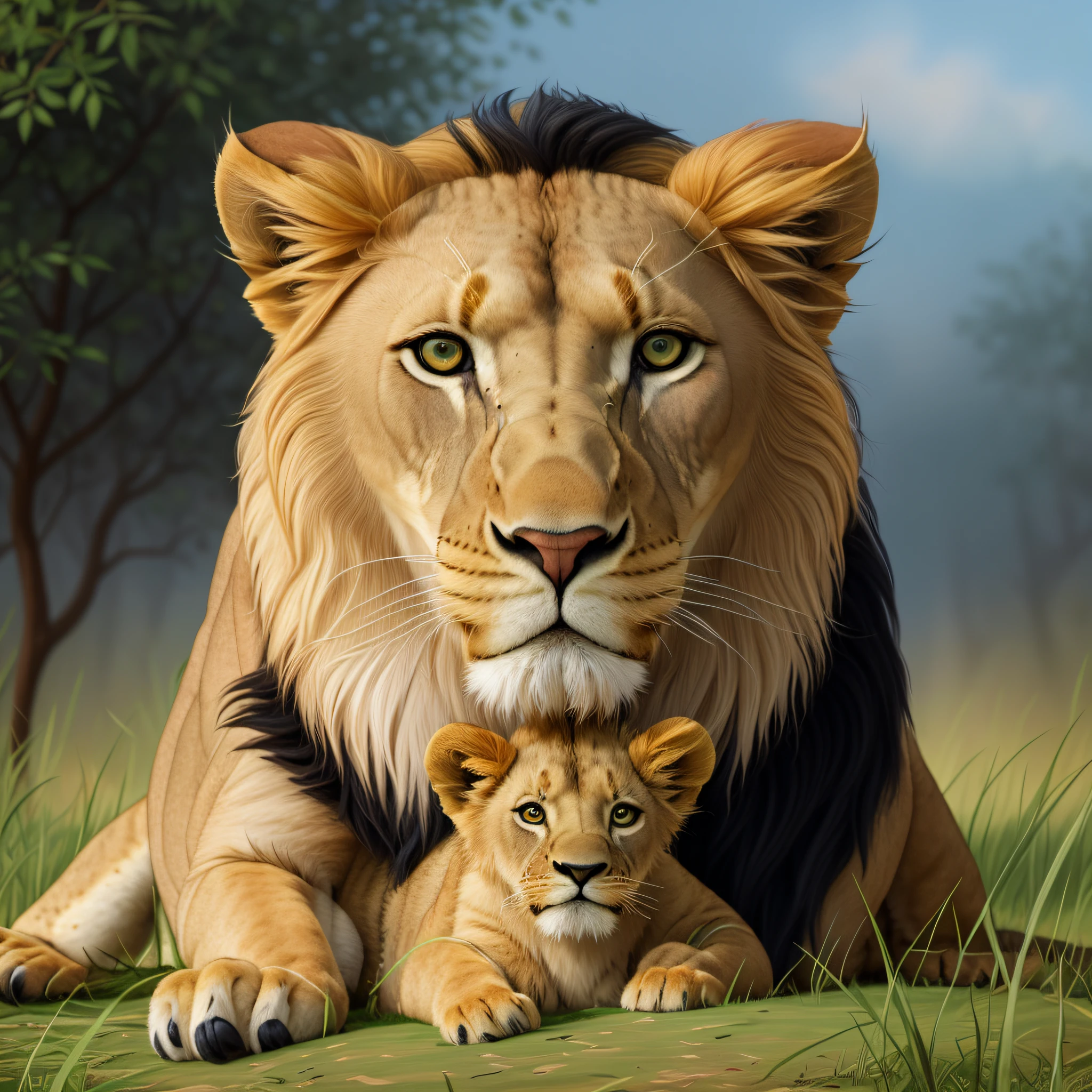 there is a lion and a cub laying on the grass, adorable digital painting, lions, realistic illustration, cute lion, wildlife illustration, lioness, ultra realistic illustration, digital art animal photo, lion, cute detailed digital art, cartoon digital painting, realistic scene, high quality illustration, detailed beautiful animals, cute digital art, digital cartoon painting art, realistic art