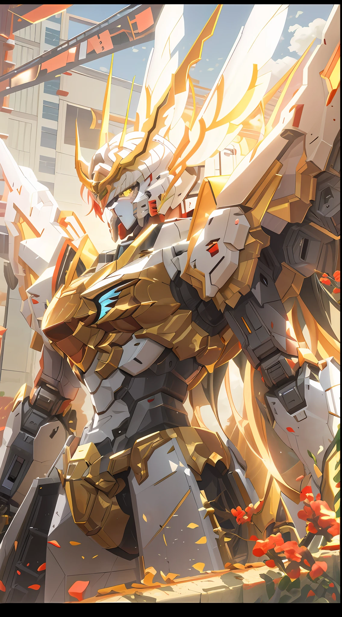 a close up of a robot with a large wing on a city street, gold paladin, anime mecha aesthetic, an anime large mecha robot, inspired by Krenz Cushart, alexandre ferra white mecha, greek god in mecha style, anime robotic mixed with organic, best anime 4k konachan wallpaper, modern mecha anime