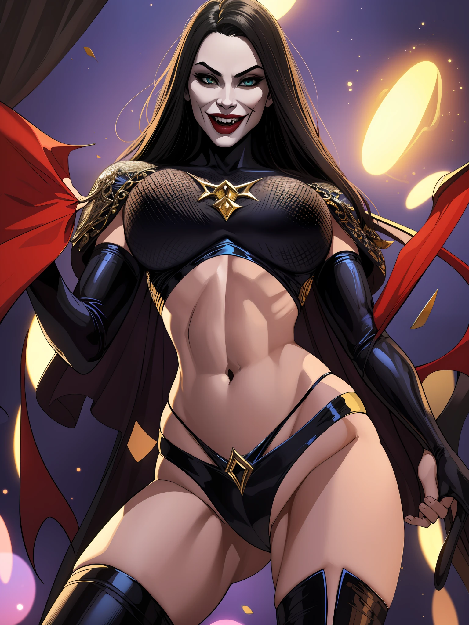Estelar , 1girl, standing up, closeup, capa branca, rosto perfeito, underboob, tanga, umbigo, sorriso sexy, ((sexy)), cercado por homens negros vampiros, com a boca cheia de sangue .