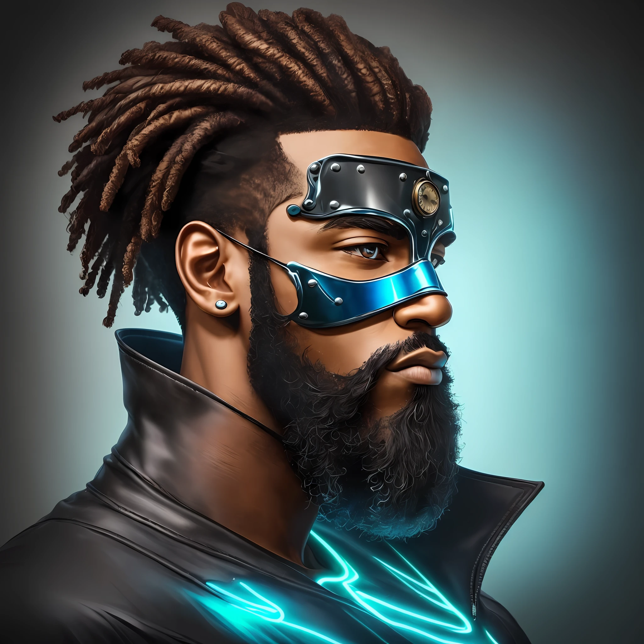 Profile image of a black man with a beard, half of the character's face is wearing a steampunk style mask with blue neon, dark brown eyes, big hair --auto --s2