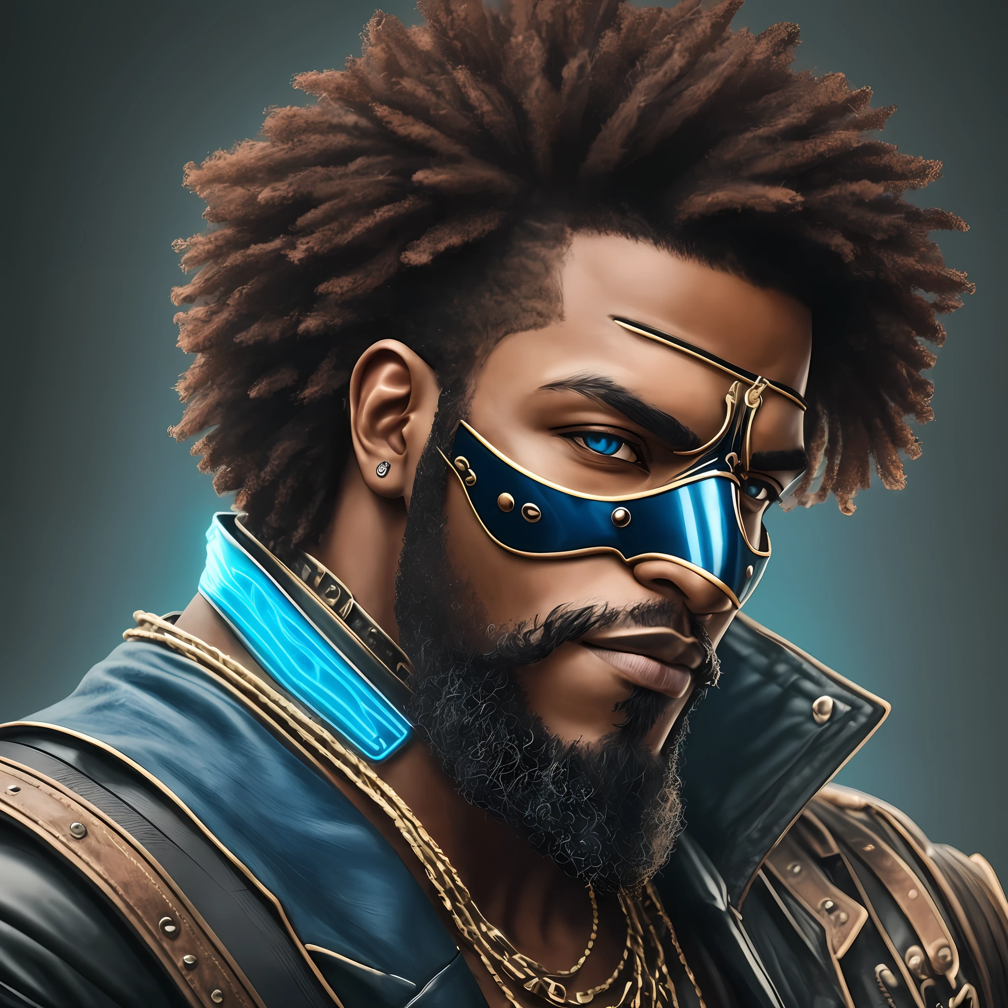 Profile image of a black man with a beard, half of the character's face is wearing a steampunk style mask with blue neon, dark brown eyes, big hair --auto --s2