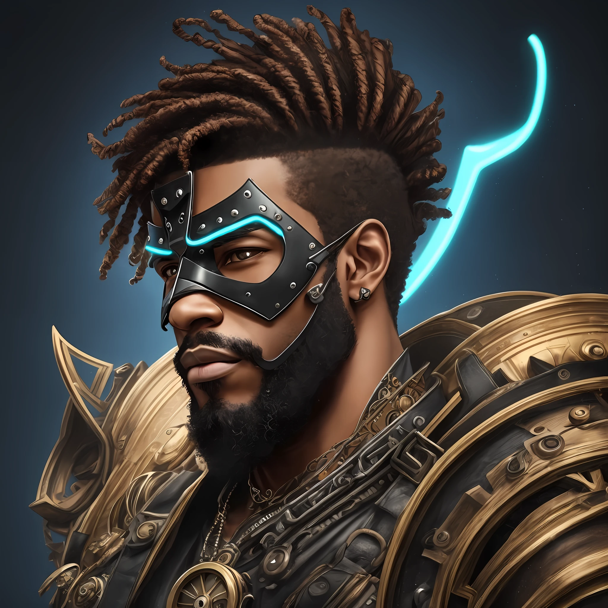Profile image of a black man with a beard, half of the character's face is wearing a steampunk style mask with blue neon, dark brown eyes, big hair --auto --s2