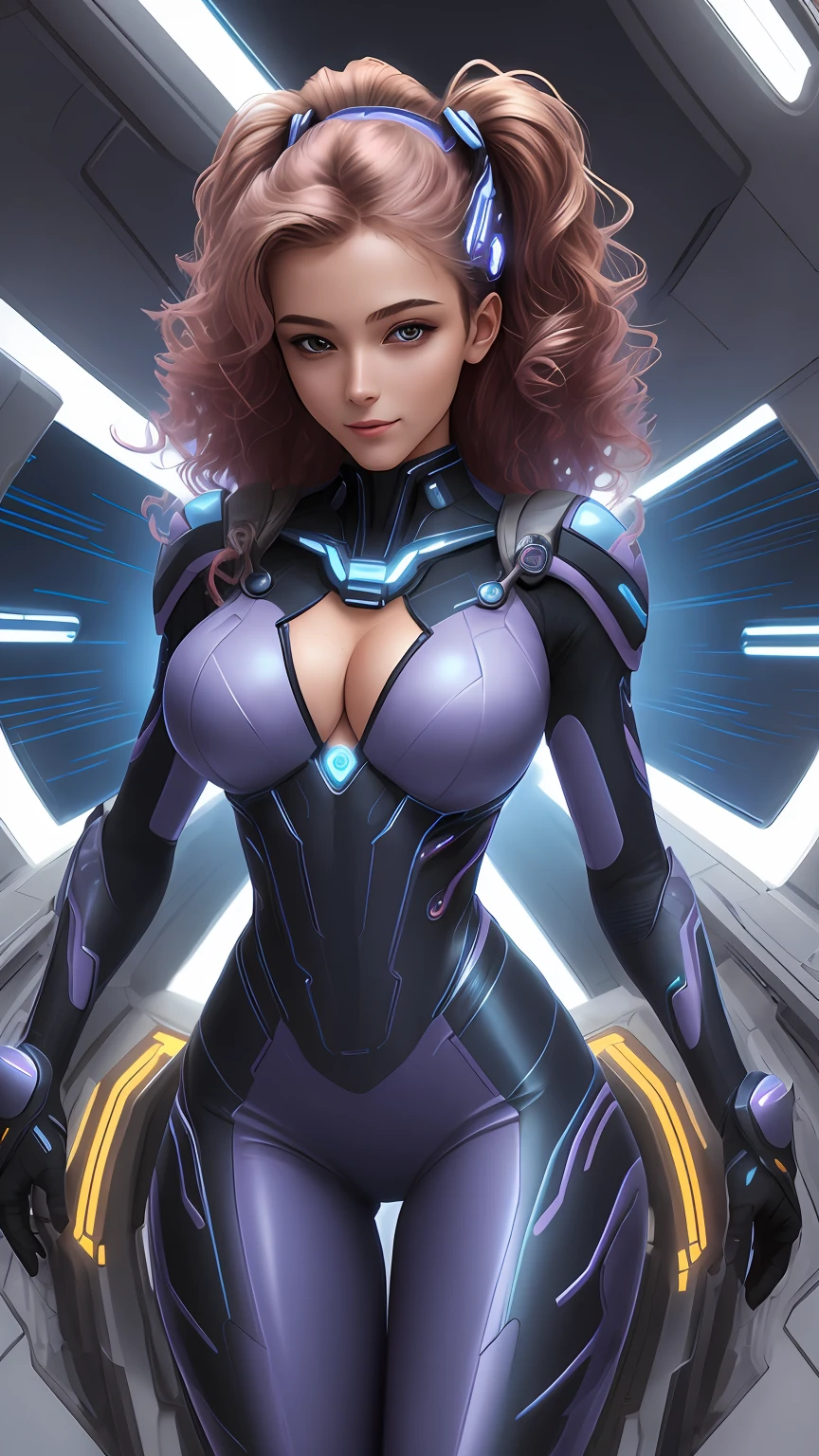 europeans in tech suits, happy, (backlit hair:0.5),(glow:0.3),(cleavage:0.8),spaceship,nebula,sexy pose,highly detailed