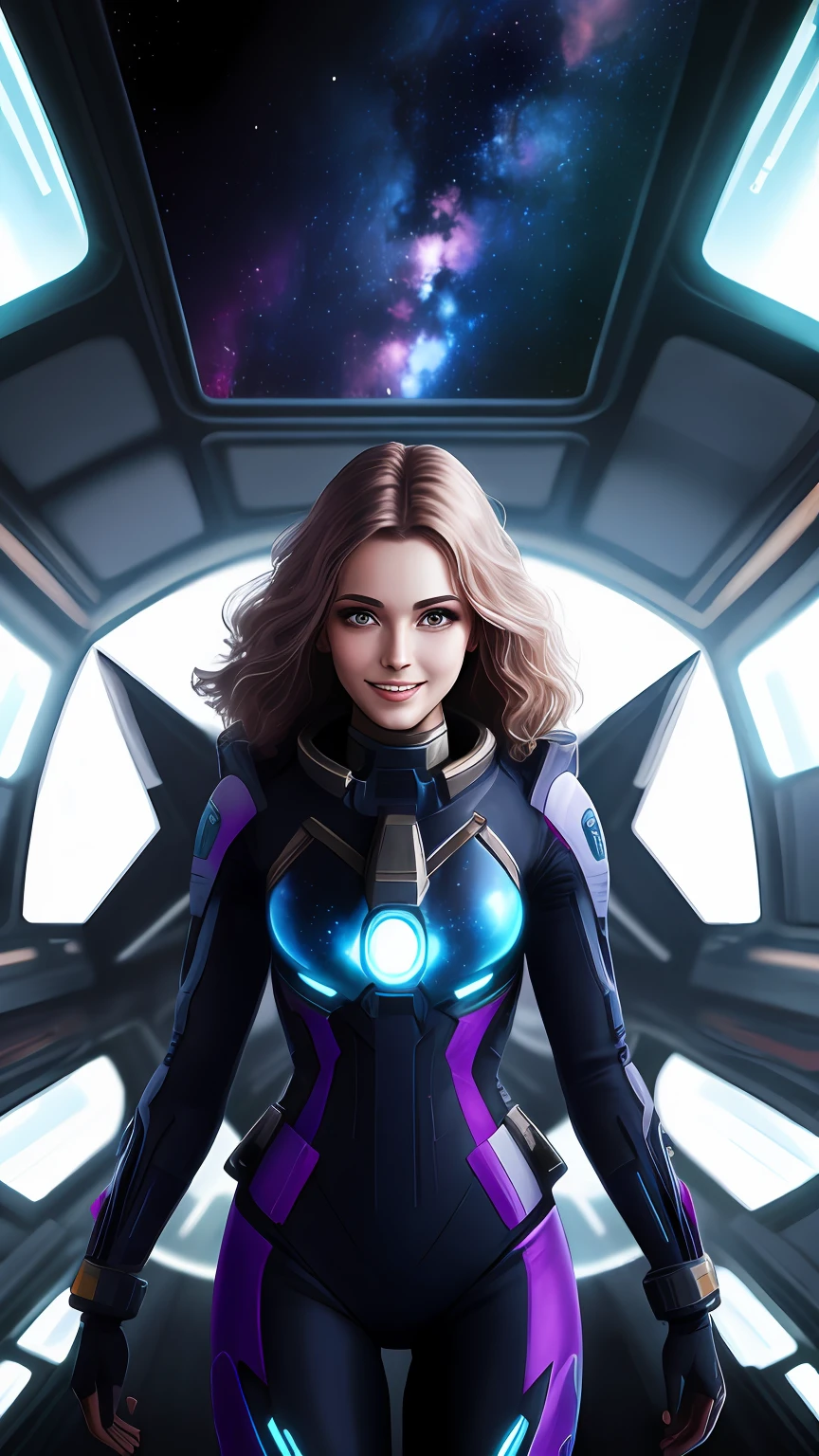 europeans in tech suits, happy, (backlit hair:0.5),(glow:0.3),(cleavage:0.8),spaceship,nebula,sexy pose,highly detailed