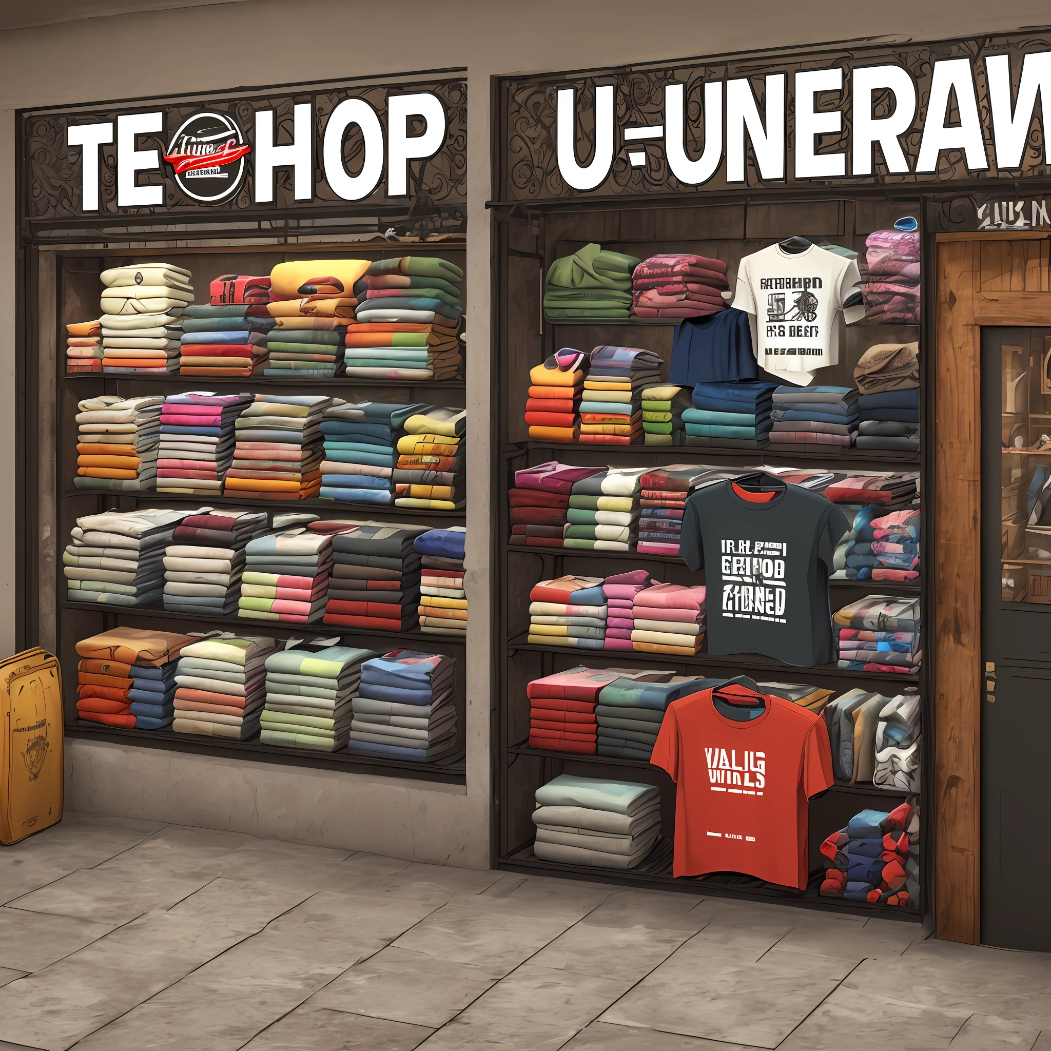 T-shirt shop, underground store, realistic, 4k --v 4 --auto --s2