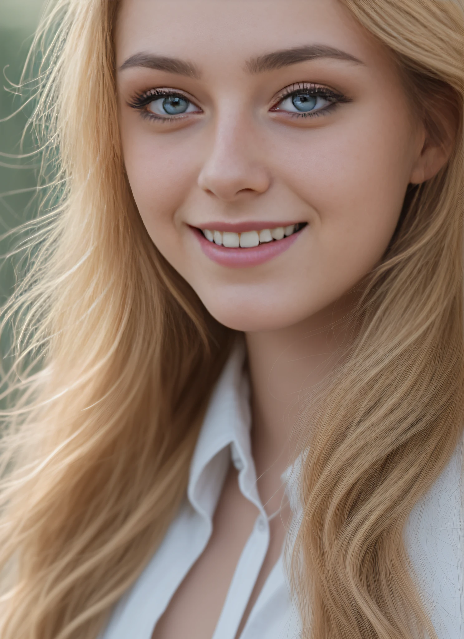 masterpiece, realistic, detailed eyes, beautiful, looking at the viewer, natural lighting, depth of field, film grain, wrinkled skin, 24yo, female, solo, wavy long blonde hair, blue eyes, white, formal shirt, freckles, smile, lips, upper body, Portrait, Close-up, Front view, Exterior