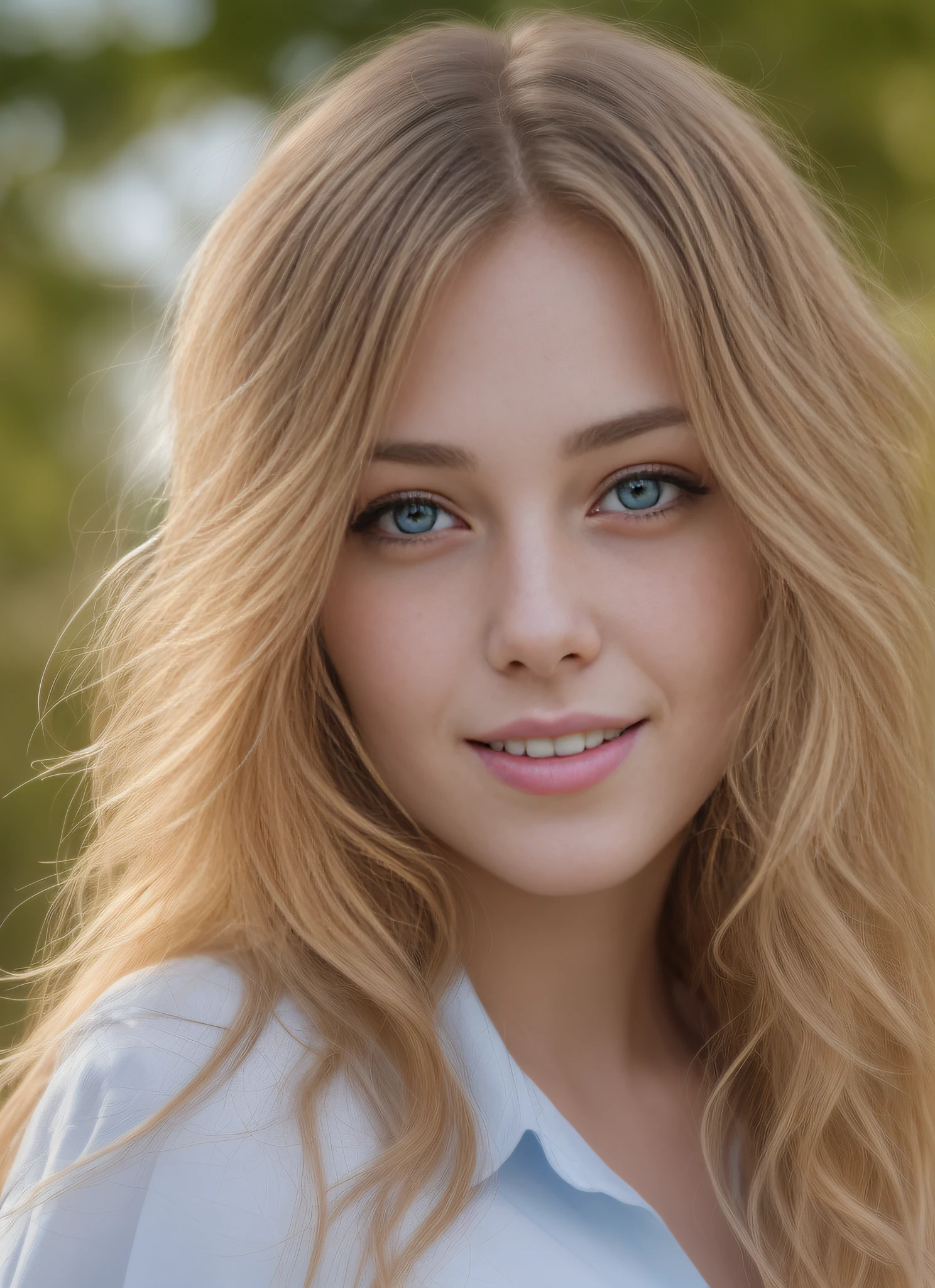 masterpiece, realistic, detailed eyes, beautiful, looking at the viewer, natural lighting, depth of field, film grain, wrinkled skin, 24yo, female, solo, wavy long blonde hair, blue eyes, white, formal shirt, freckles, smile, lips, upper body, Portrait, Close-up, Front view, Exterior