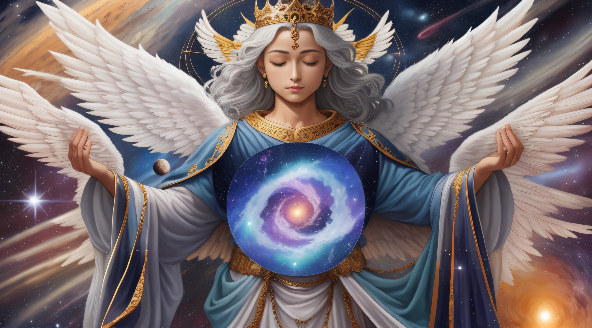 Um close up de um ser com um par de asas em um fundo espacial, angel meditating in space, deus celestial, deus. Detalhe extremamente alto, ethereal angelic being of light, being brilliant angelic, cosmic god, mago celestial bonito, arcanjo, guia espiritual anjo, King of Heaven, ethereal astral, anjo majestoso de corpo inteiro, Divine Cosmic Power