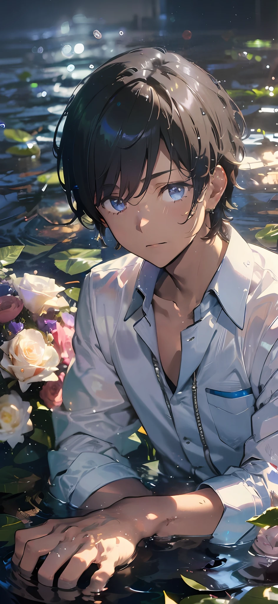 1boy, boy, teenager, young man, physically based rendering, professional lighting, extreme detail, white shirt, bouquet, cross earrings, lying on the water, high brightness, refreshing, soft light