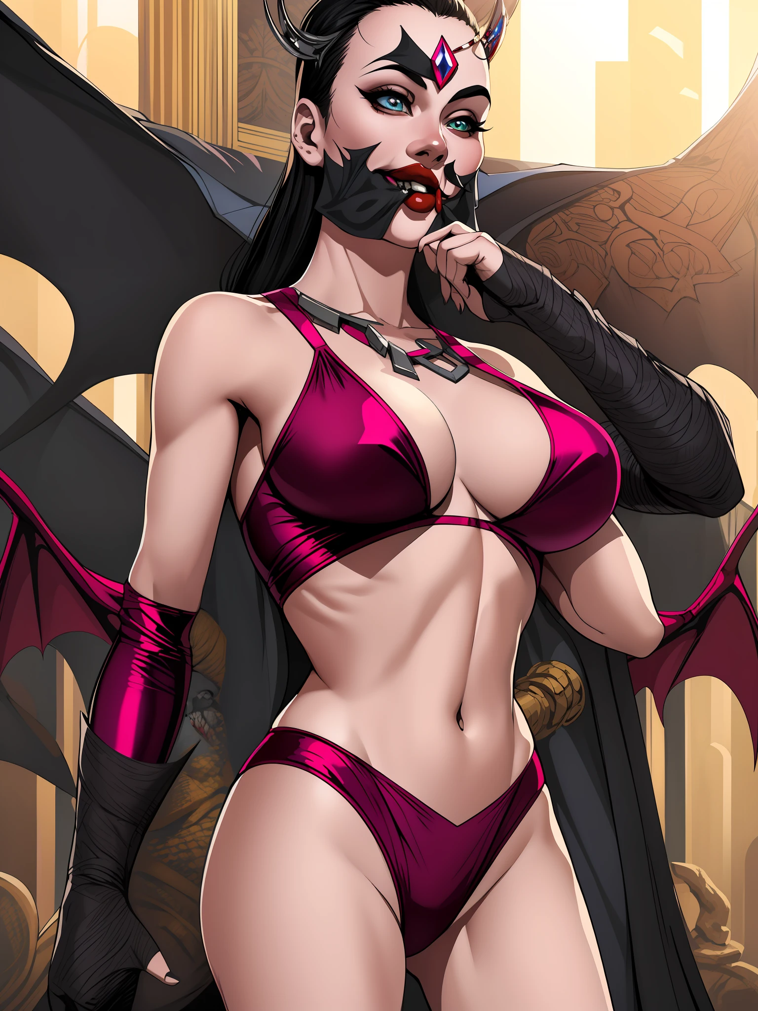 Estelar , 1girl, standing up, closeup, capa branca, rosto perfeito, underboob, tanga, umbigo, sorriso sexy, ((sexy)), cercado por homens negros vampiros, com a boca cheia de sangue .
