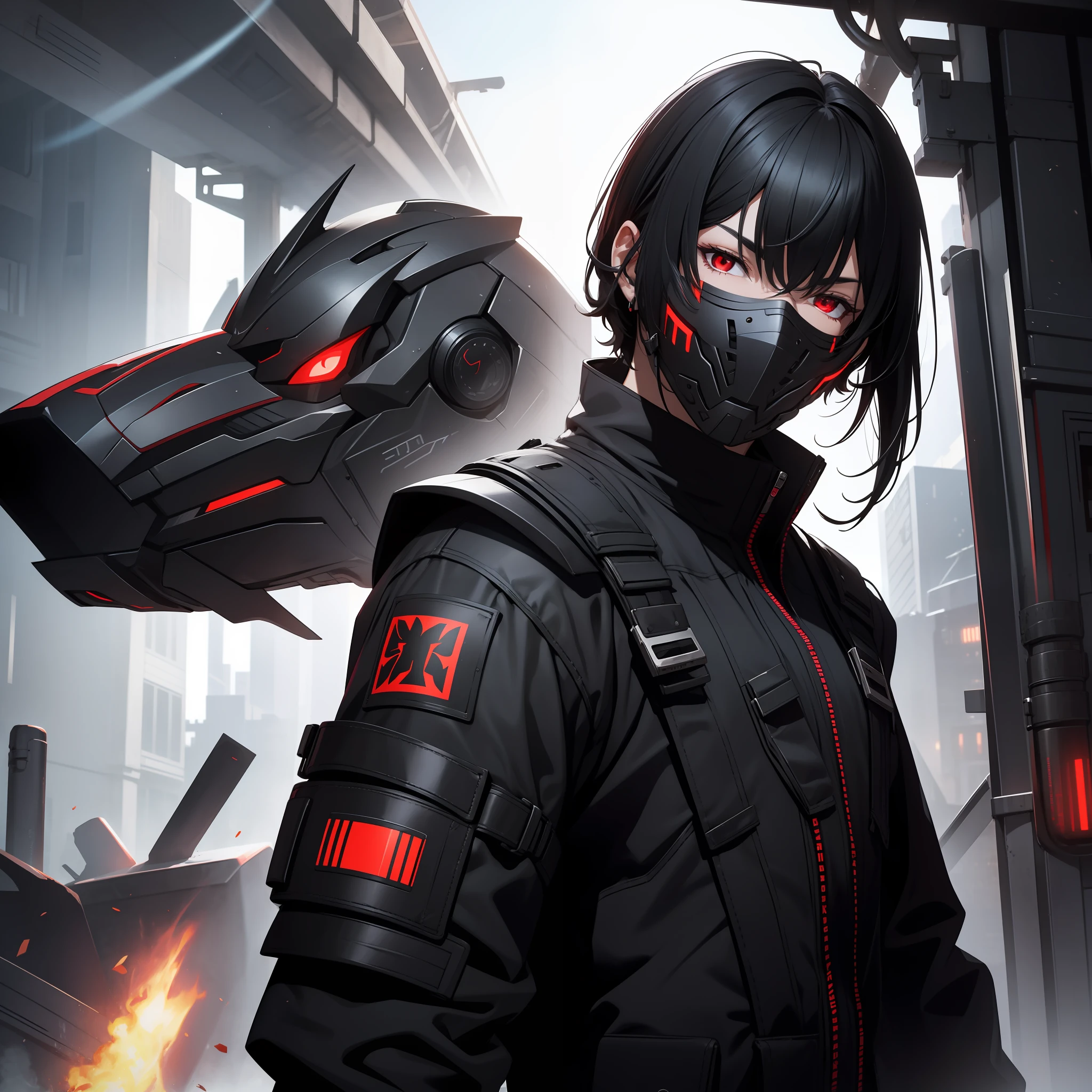 solo male, black armor, science fiction, black hair, red eyes, mask