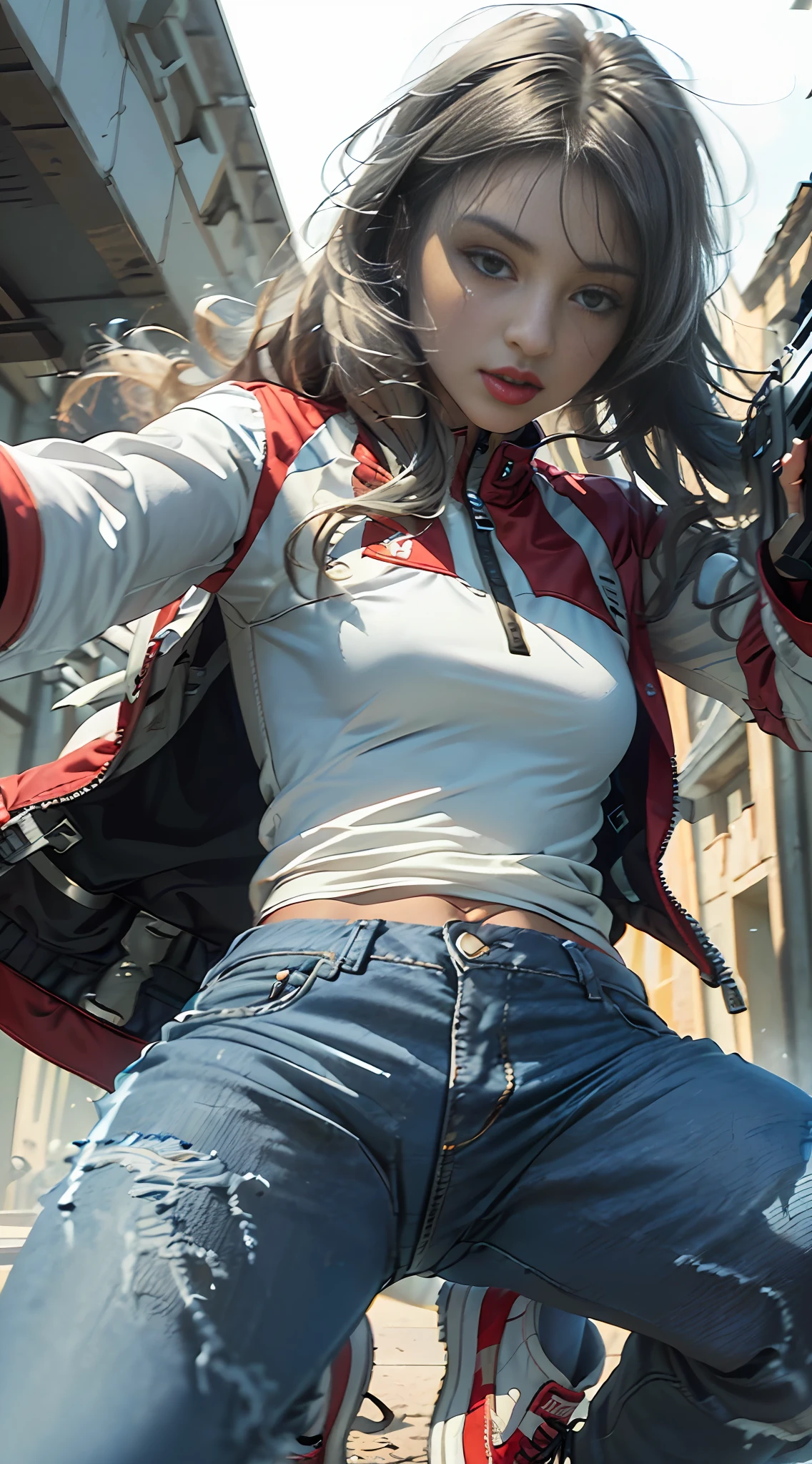 ((Sci-fi fantasy)), (Masterpiece), (professional oil painting) (best quality), (8k resolution), (1 beautiful girl), her name is Jessie and has blue eyes, ((pale gray skin)), (iron gray skin), ((blue jeans)), ((normal white shirt underneath red jacket)), ((red lipstick)), ((wearing black sneakers)), (comcept art), (small chest), (long hair), (messy hair), (white hair), (iron gray hair), ((action scene)), ((Jessie is in a chase)), (Jessie is with left arm outstretched with a pistol in her hand and aiming), ((staring at the gun)) (expression of fear on the roto), scene tença, (1 black pistol shooting)