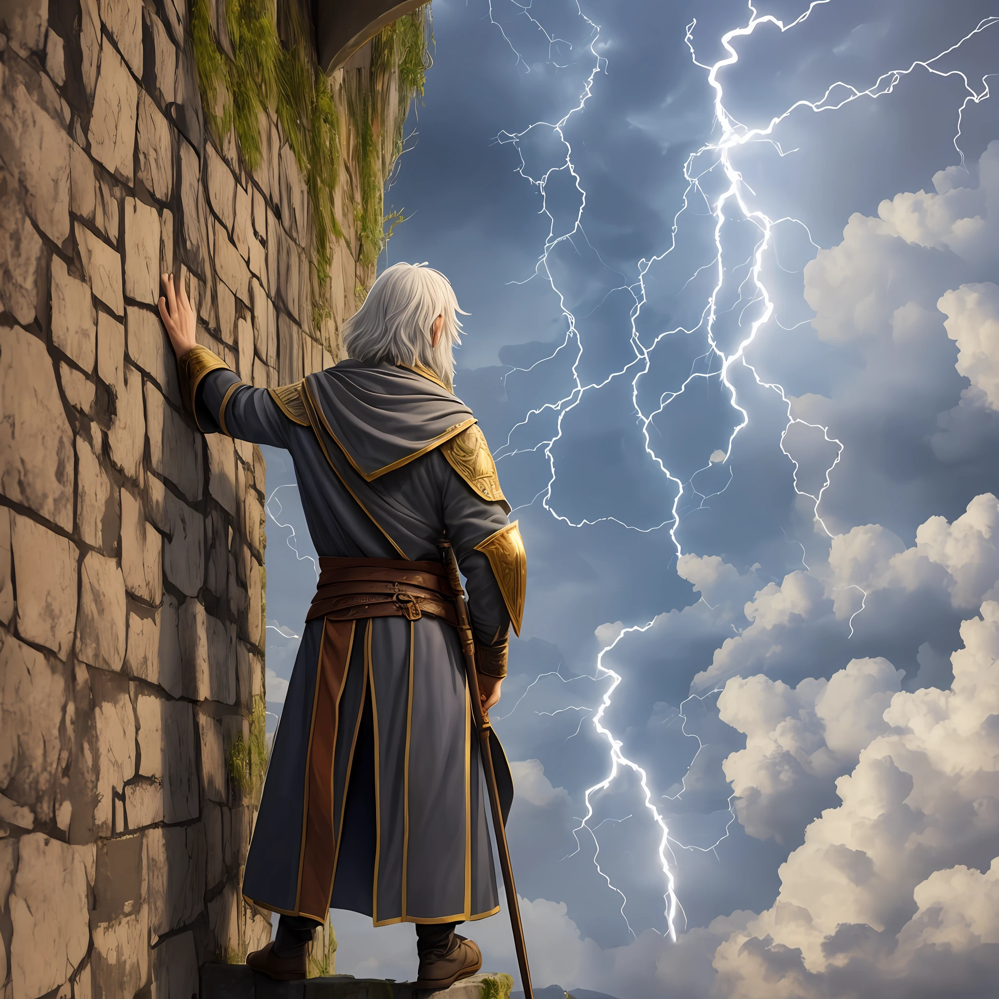 An old wizard standing on the walls casts lightning magic to repel enemies outside the walls --auto --s2