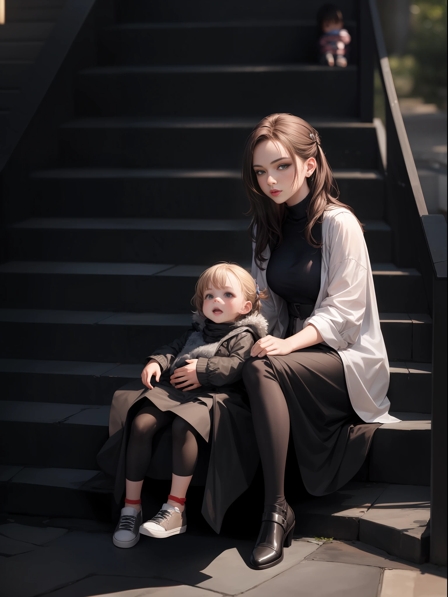 1 beautiful very beautiful woman sitting on a set of stairs with a baby next to her, hyper-realism, photorealistic, 8k, unreal motor --air 9:16 --Niji 5 --expressive style --s 400