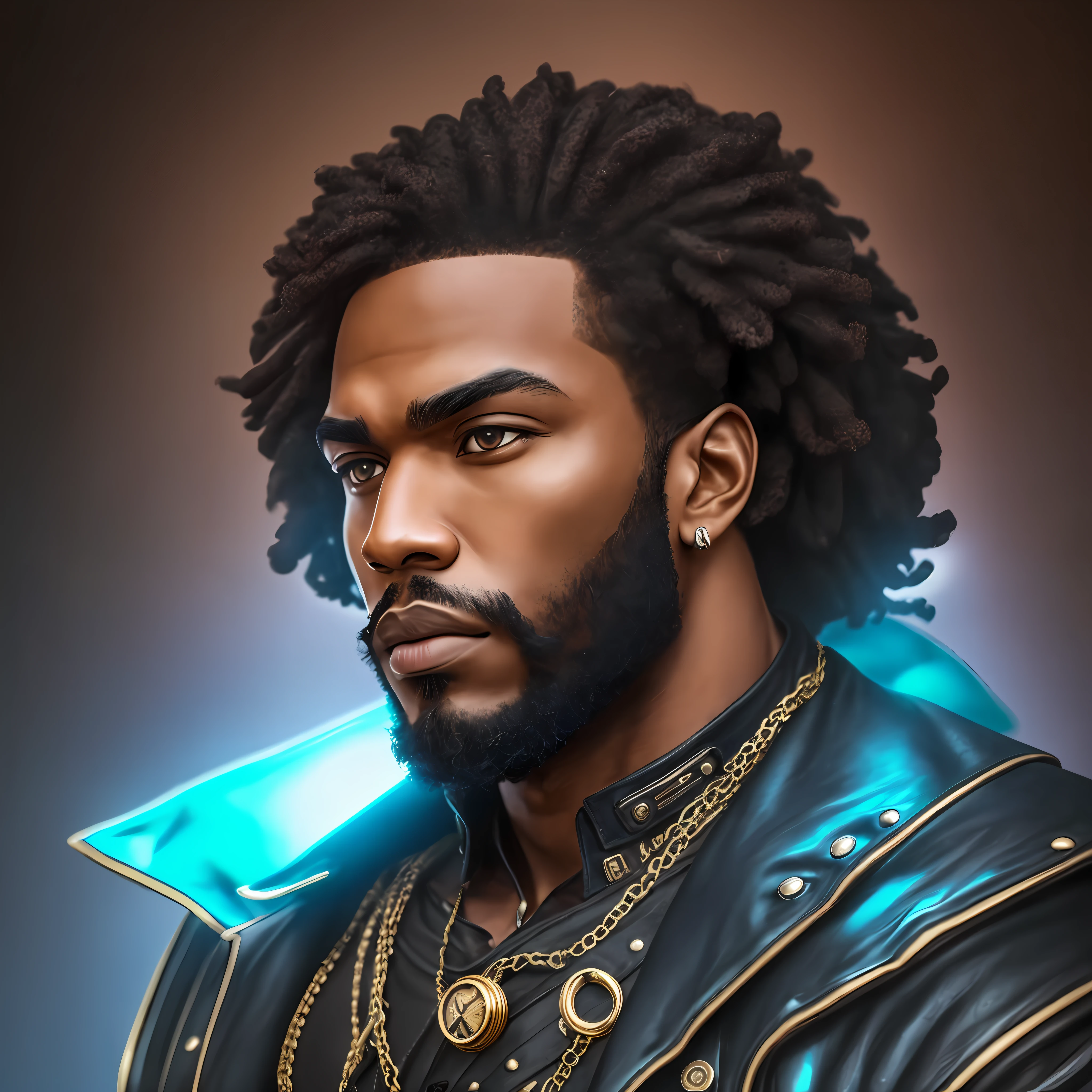 Profile image of a black man with a beard, half of the character's face is wearing a steampunk style mask with blue neon, dark brown eyes, big hair --auto --s2