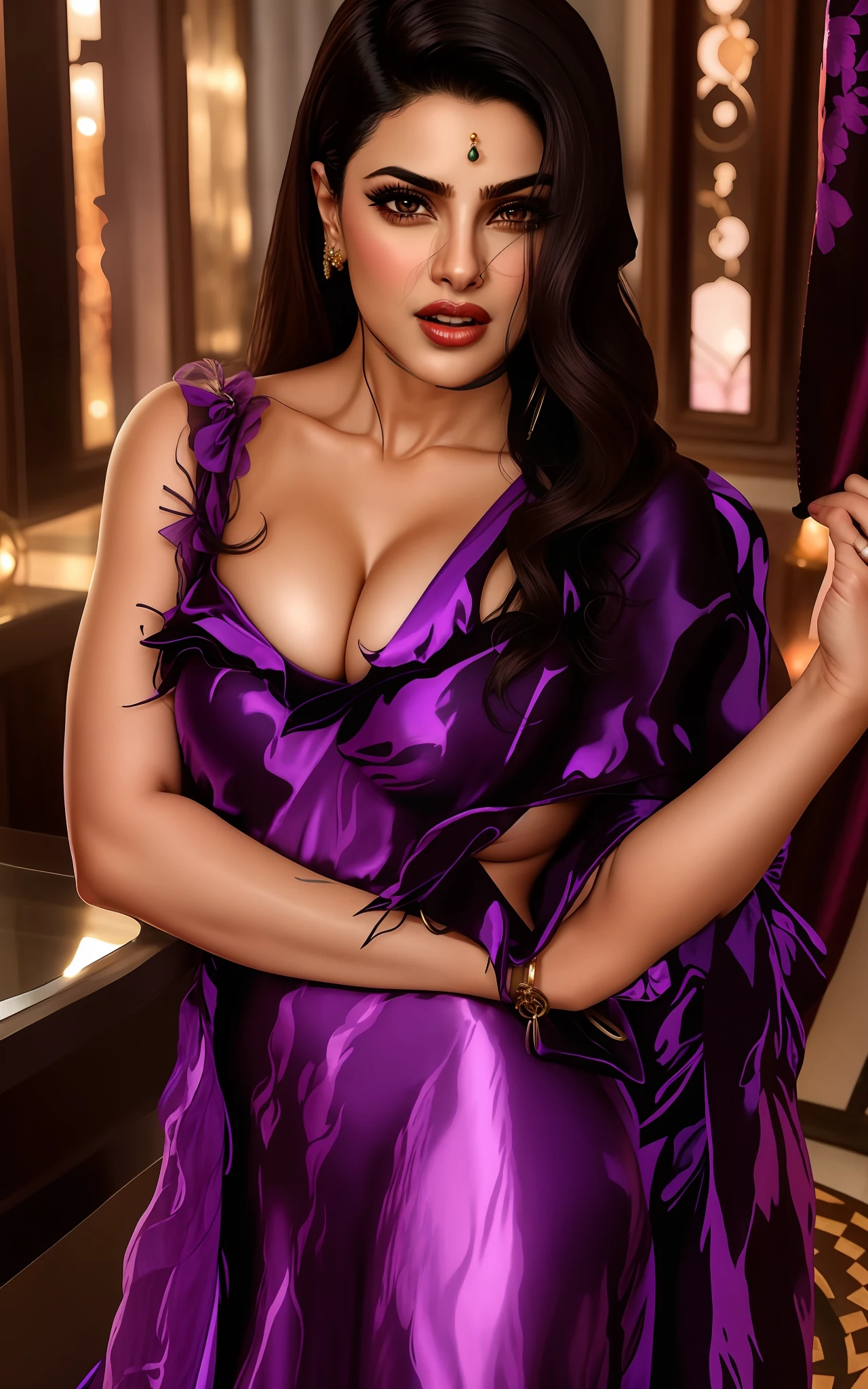 there is a woman in a purple dress holding a knife, garbed in a purple gown, portrait of priyanka chopra, draped in purple and gold silk, draped in purple, portait of haifa wehbe, salma hayek portrait, salma hayek as a sorceress, portrait of sherlyn chopra, draped in silky purple and gold, hot boobs, juicy boobs, gorgeous face