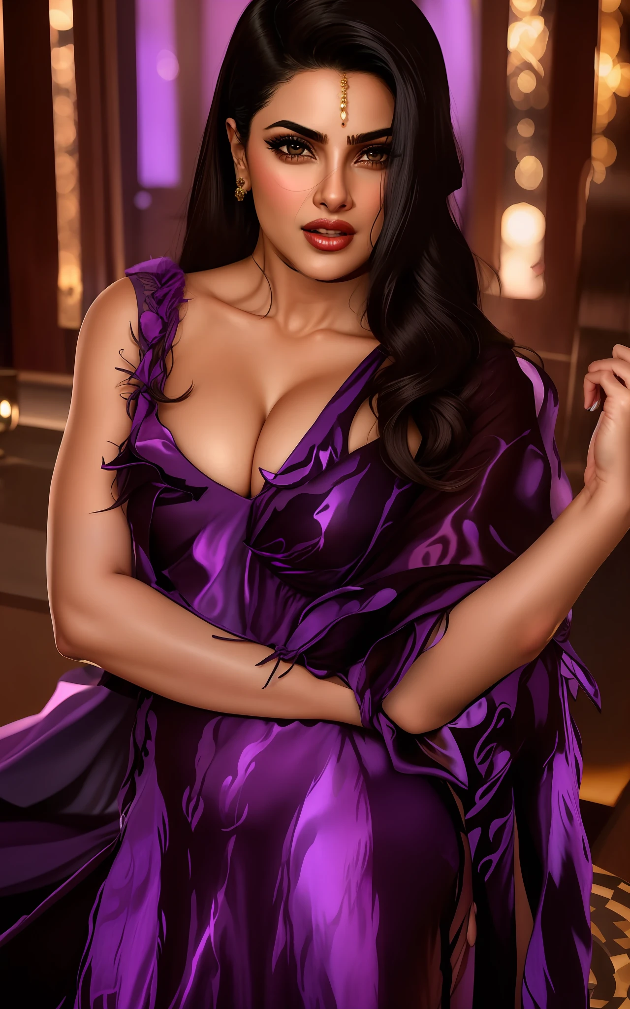 there is a woman in a purple dress holding a knife, garbed in a purple gown, portrait of priyanka chopra, draped in purple and gold silk, draped in purple, portait of haifa wehbe, salma hayek portrait, salma hayek as a sorceress, portrait of sherlyn chopra, draped in silky purple and gold, hot boobs, juicy boobs, gorgeous face