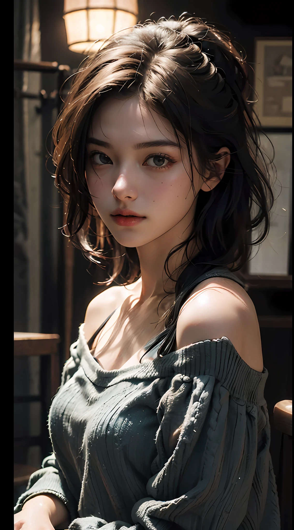 Best quality, masterpiece, ultra high res, (photorealistic:1.4), raw photo, 1girl, off shoulder, cinematic lighting