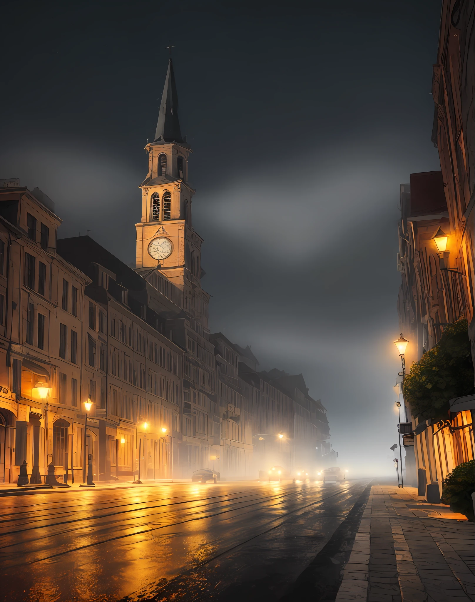 , fog, dark scene, night, rain, asphalt street, church front, reflected lighting, artwork, 4k, hyper detailed