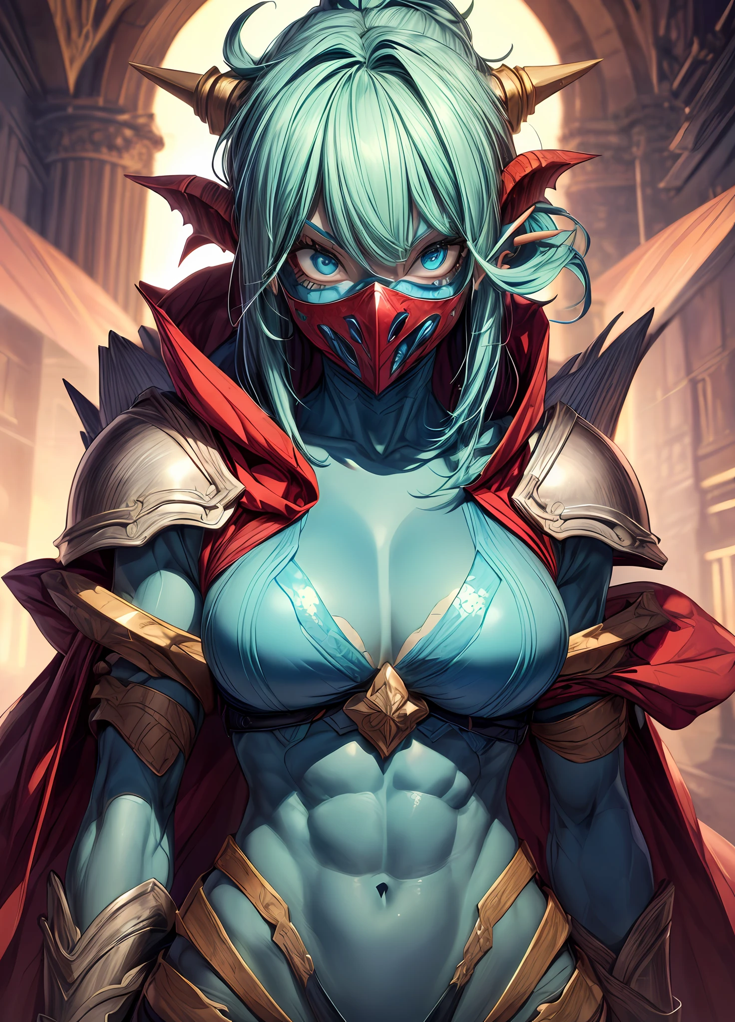 high contrast, (8K UHD:1.2), (photorealistic:1.2),(masterpiece:1.4), (best quality:1.4),extremely detailed wallpaper, highly detailed illustrations, ((1 Girl)) , (super-complex details) , 4K unified, (masterpiece:1.2), (best quality:1.2), ((Best quality)), ((masterpiece)), a muscular japanese samurai with tattoes and intricate detaill, ((body muscular:1.2)),girl,busty,perfect weist, japanese armor, medieval armor, big sword, ((half monster:1)),((monster girl:1.7)),full body,(face mask),(cloak),happies species