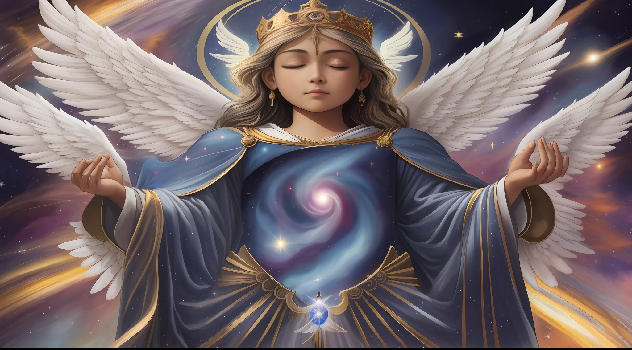 Um close up de um ser com um par de asas em um fundo espacial, angel meditating in space, deus celestial, deus. Detalhe extremamente alto, ethereal angelic being of light, being brilliant angelic, cosmic god, Mago Celestial Bonito, arcanjo, guia espiritual anjo, King of Heaven, ethereal astral, anjo majestoso de corpo inteiro, Divine Cosmic Power