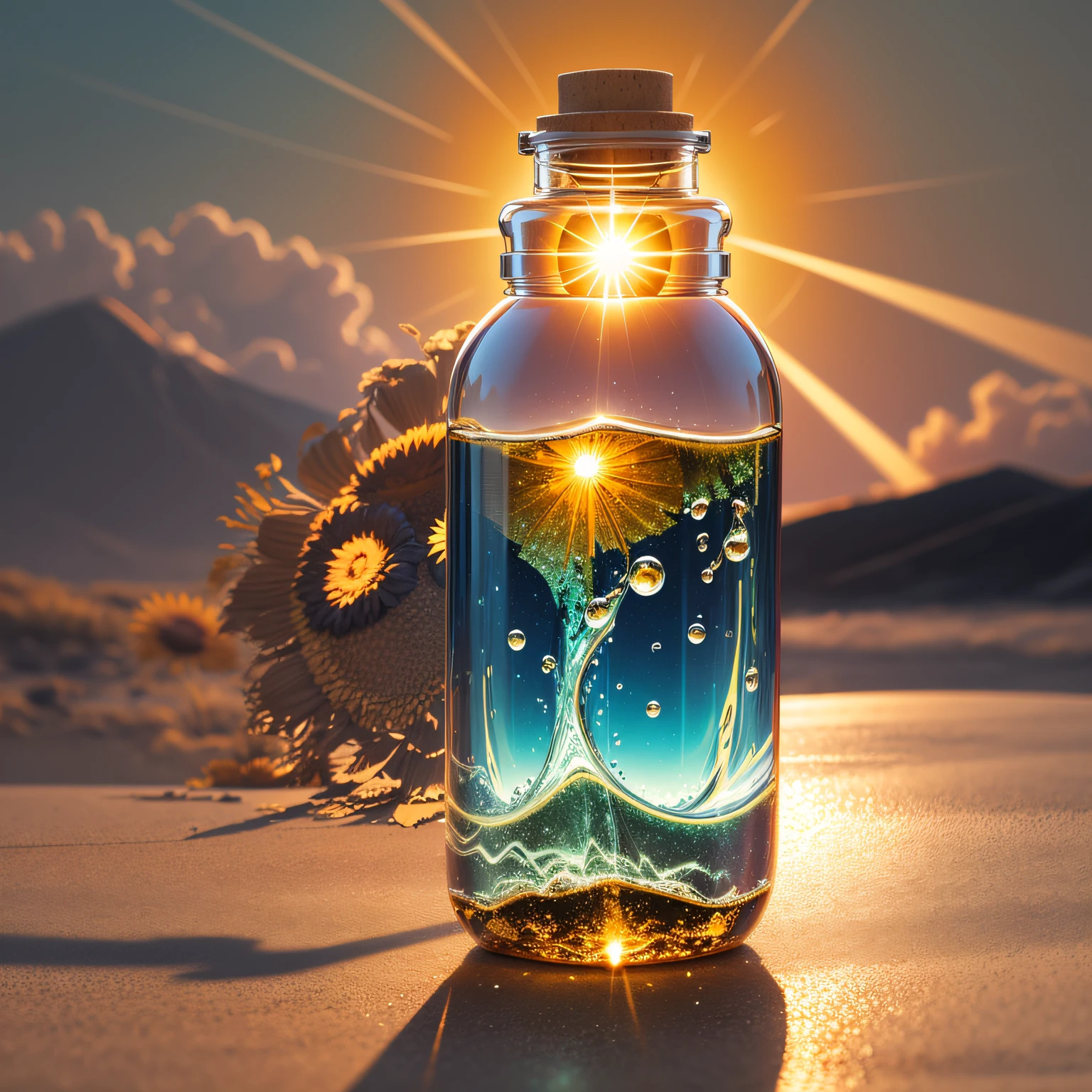 rainbow in the glass bottle, sun in the background --auto