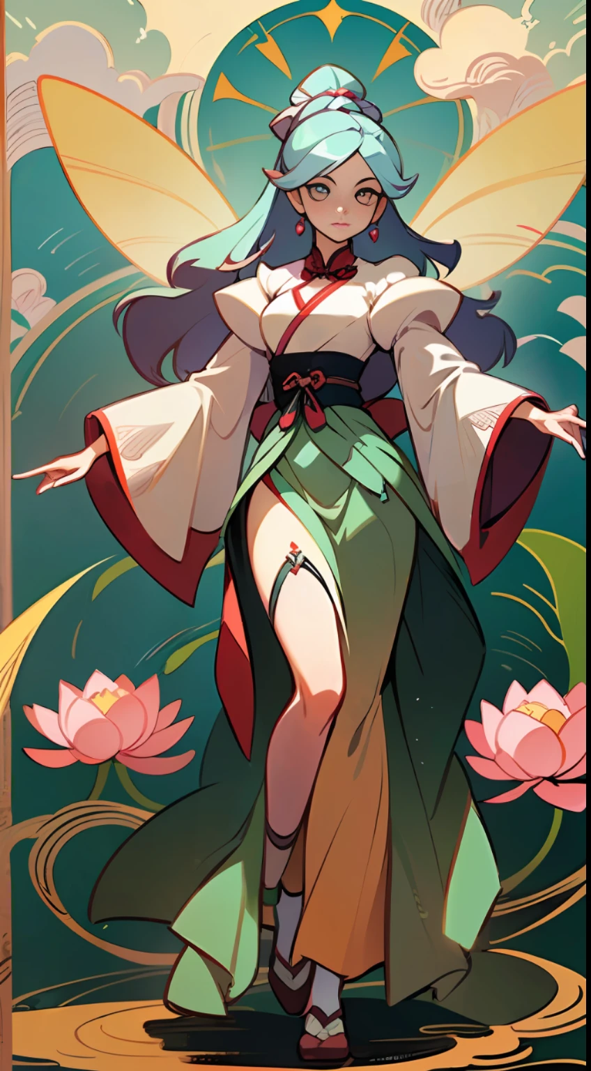((High-quality CG, Chinese painting style), (one female), full body picture, character standing painting, amazing facial features, a beautiful fairy dancing in the magnificent sky, beautiful and gorgeous posture, beautiful appearance like a flower, dressed in gorgeous clothes, such as the first bloom of snow lotus, eyes shining happily, full of light, brilliant magic array surrounding, containing oriental aesthetics, gorgeous fairy clothes, exquisite posture, long hair like a waterfall, white light flashing, dreamy clouds, C4D, OC rendering, movie edge light, fine light, masterpiece, super detail, epic composition, Ultra HD, high quality, 32K