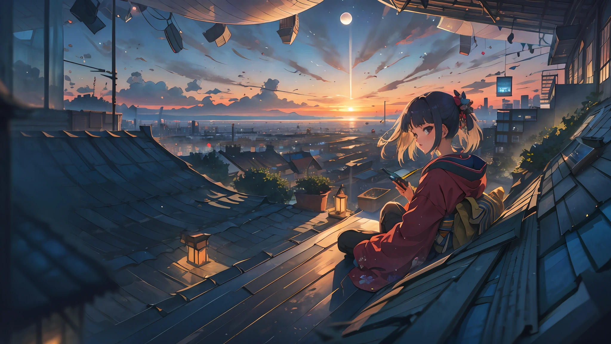 best quality, masterpiece, extremely detailed, detailed background, anime, 1girl, young girl, short girl, kimono, retro, city lansdscape, outdoors, sunset, beautiful sky, greenhouse, megastructure, bio-dome, landscape, scenery, horizon, rooftop, sitting on rooftop, wind, looking away, atmospheric lighting, solo focus, close up, from side, depth of field, bokeh
